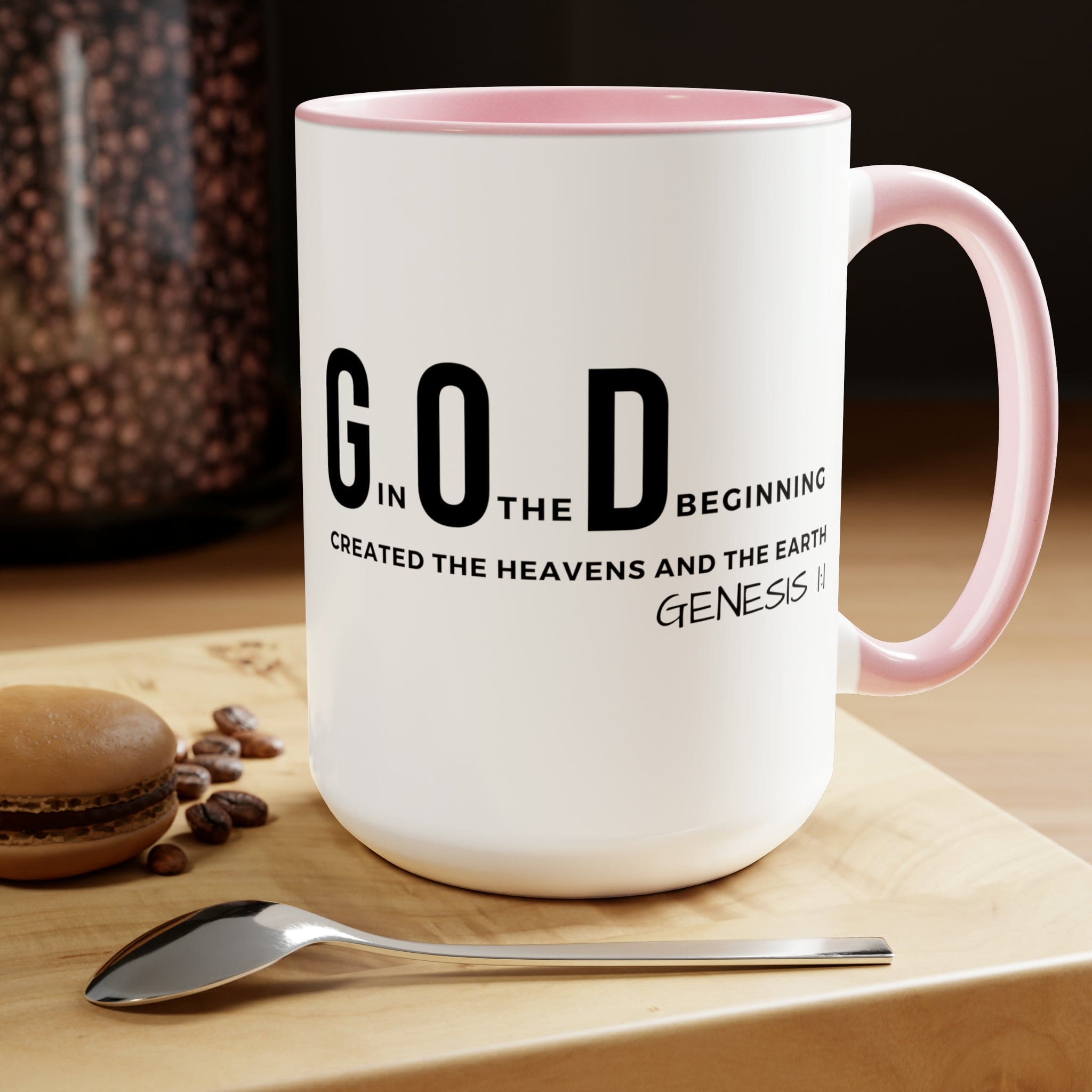 Accent Ceramic Mug 15oz featuring God in the Beginning print with a two-tone design, white exterior and colored interior.