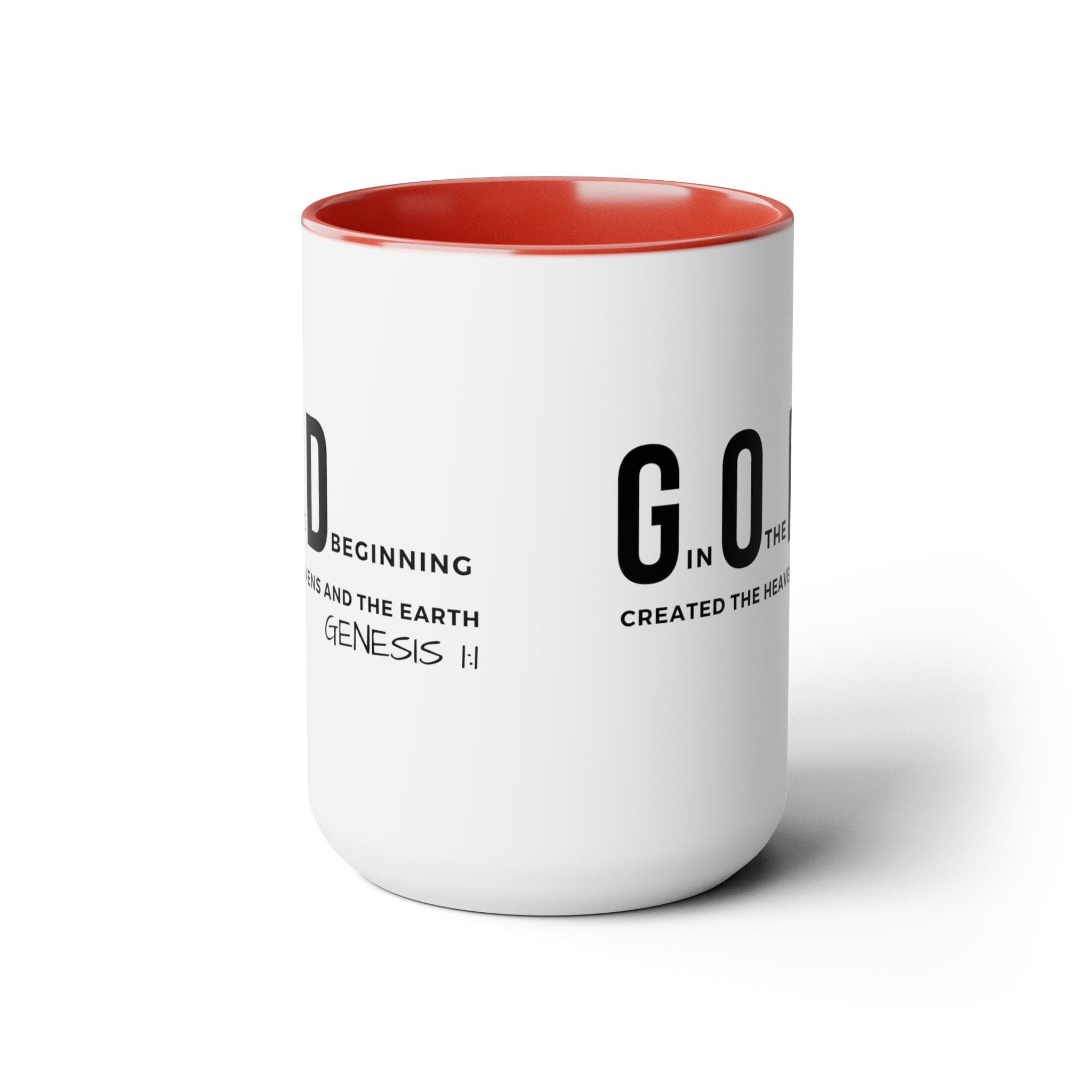 Accent Ceramic Mug 15oz featuring God in the Beginning print with a two-tone design, white exterior and colored interior.