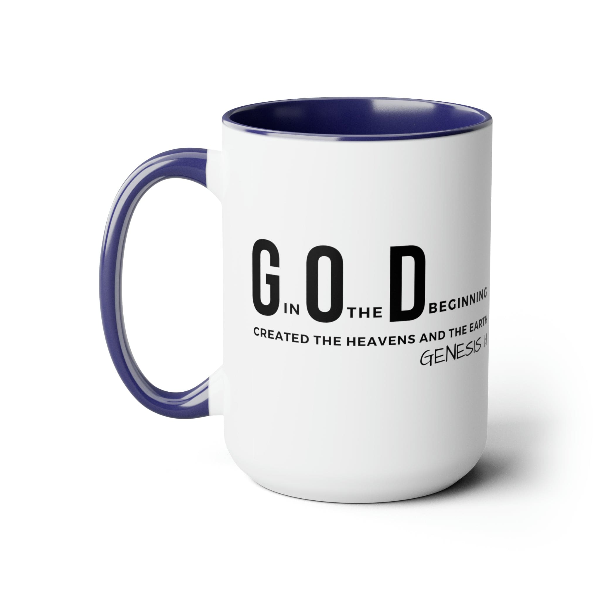 Accent Ceramic Mug 15oz featuring God in the Beginning print with a two-tone design, white exterior and colored interior.