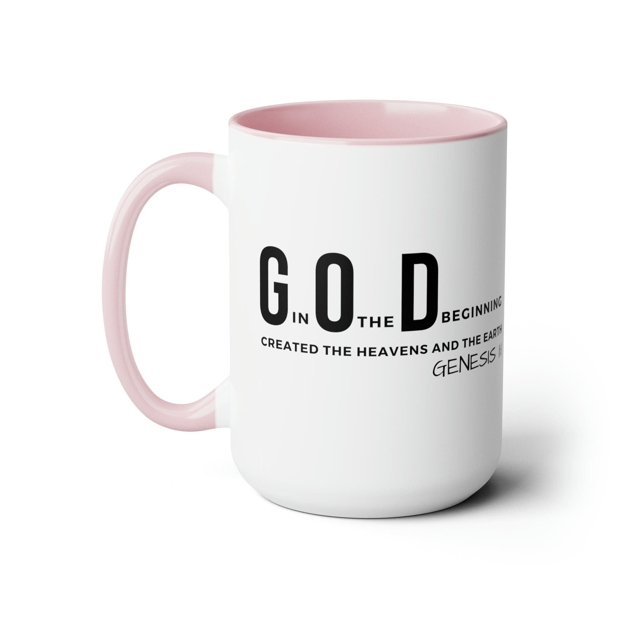 Accent Ceramic Mug 15oz featuring God in the Beginning print with a two-tone design, white exterior and colored interior.