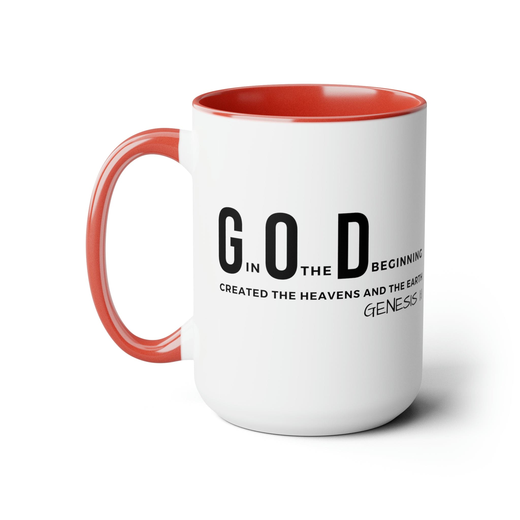 Accent Ceramic Mug 15oz featuring God in the Beginning print with a two-tone design, white exterior and colored interior.