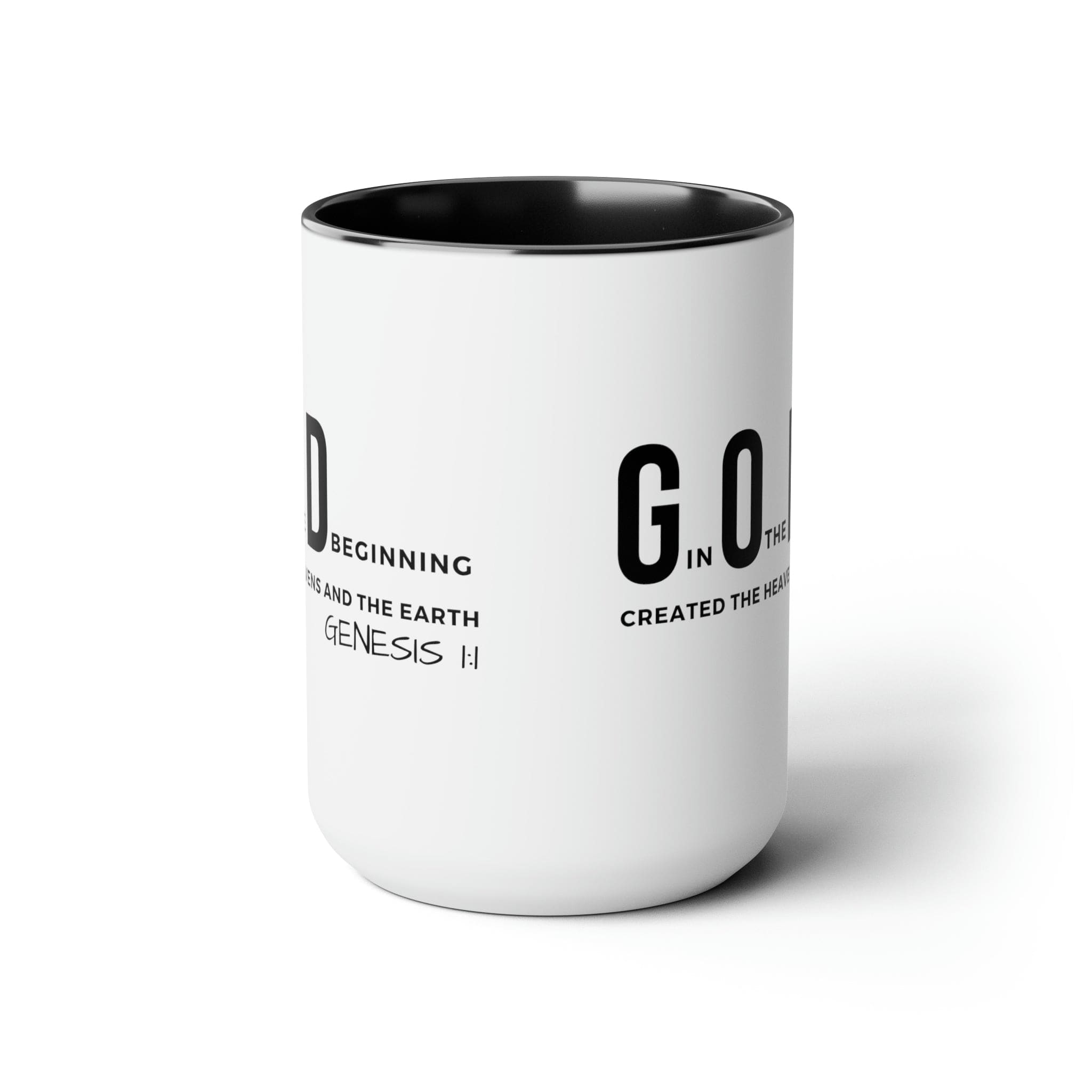 Accent Ceramic Mug 15oz featuring God in the Beginning print with a two-tone design, white exterior and colored interior.