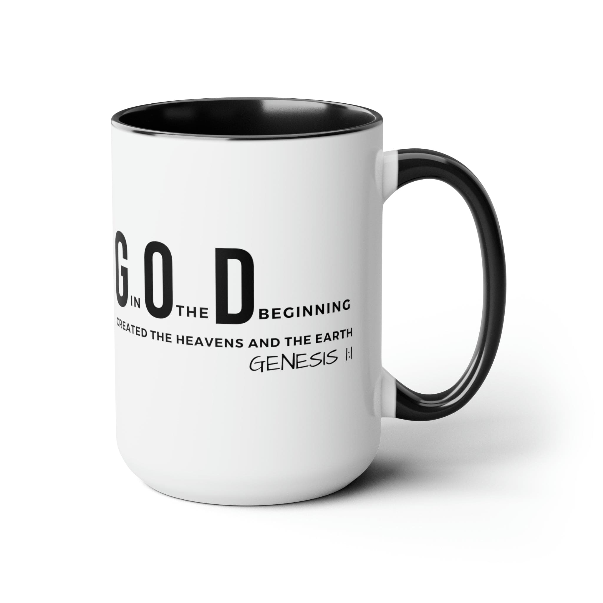 Accent Ceramic Mug 15oz featuring God in the Beginning print with a two-tone design, white exterior and colored interior.