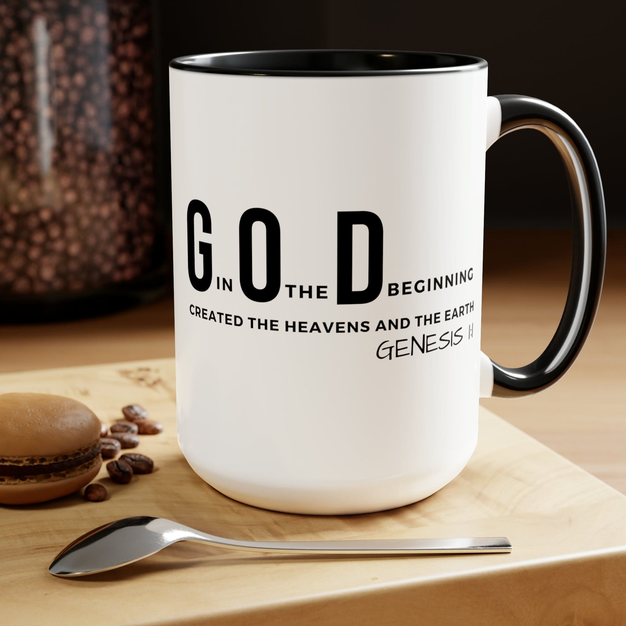 Accent Ceramic Mug 15oz featuring God in the Beginning print with a two-tone design, white exterior and colored interior.