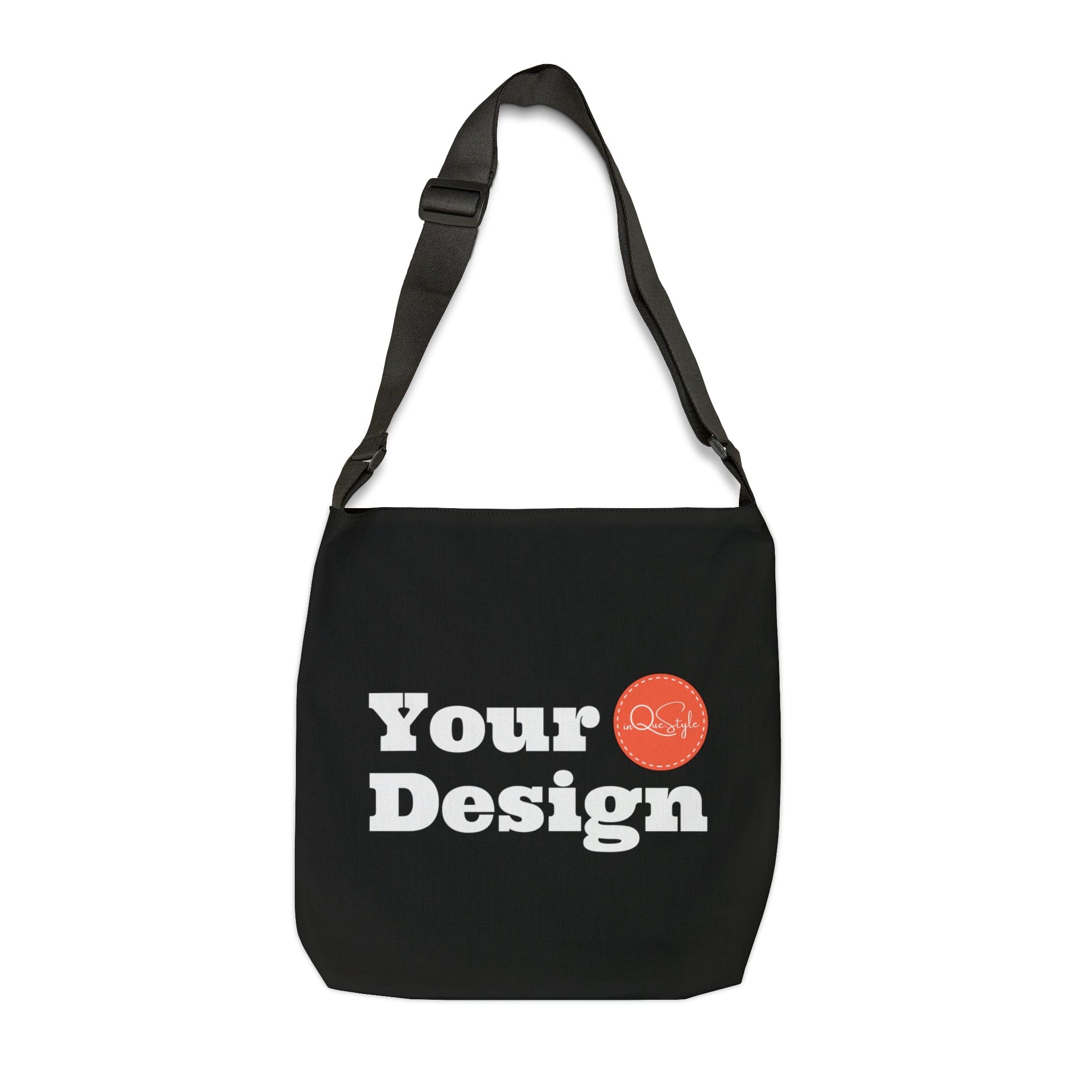 Adjustable Black Tote Bag made of spun polyester with adjustable straps and zippered pocket.