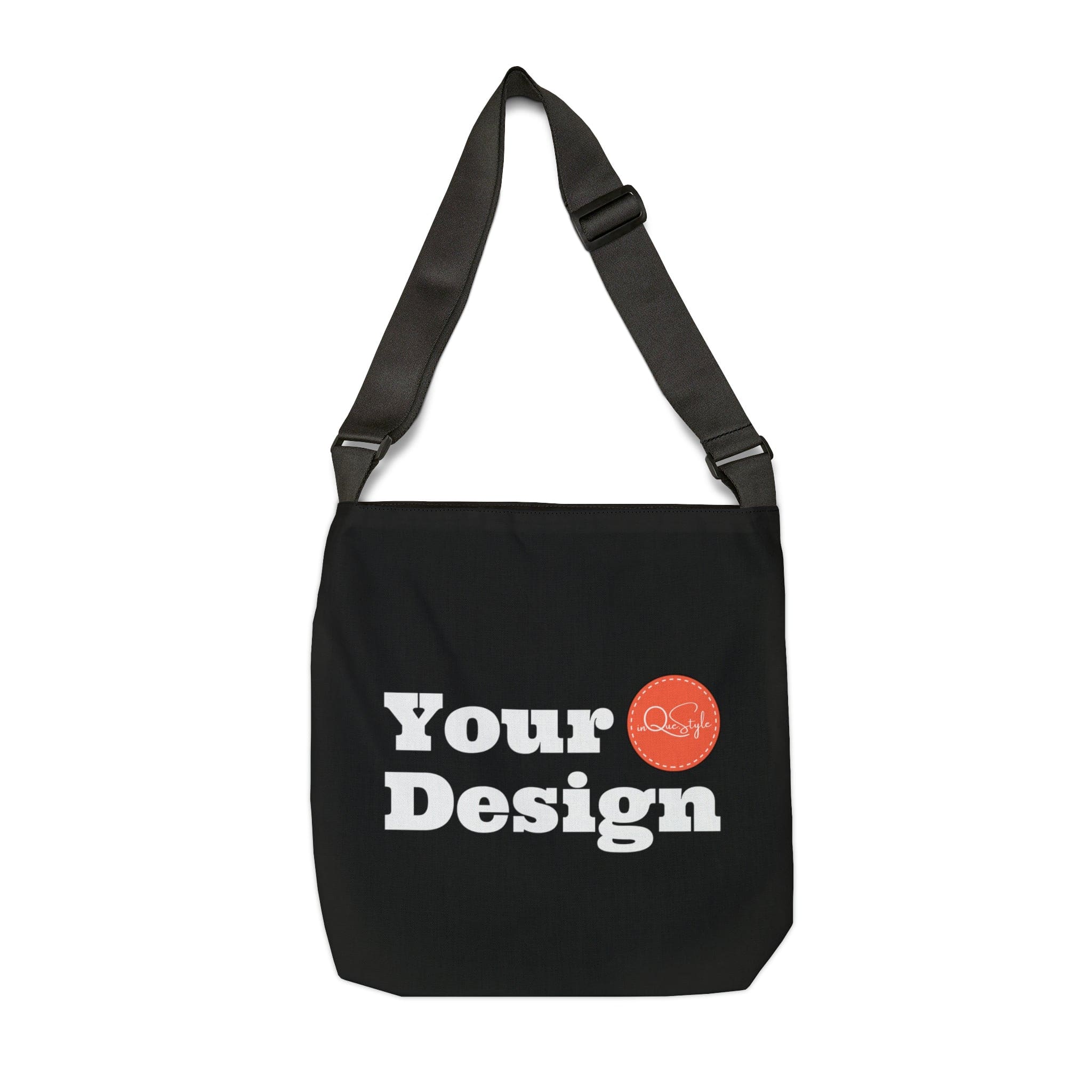 Adjustable Black Tote Bag made of spun polyester with adjustable straps and zippered pocket.