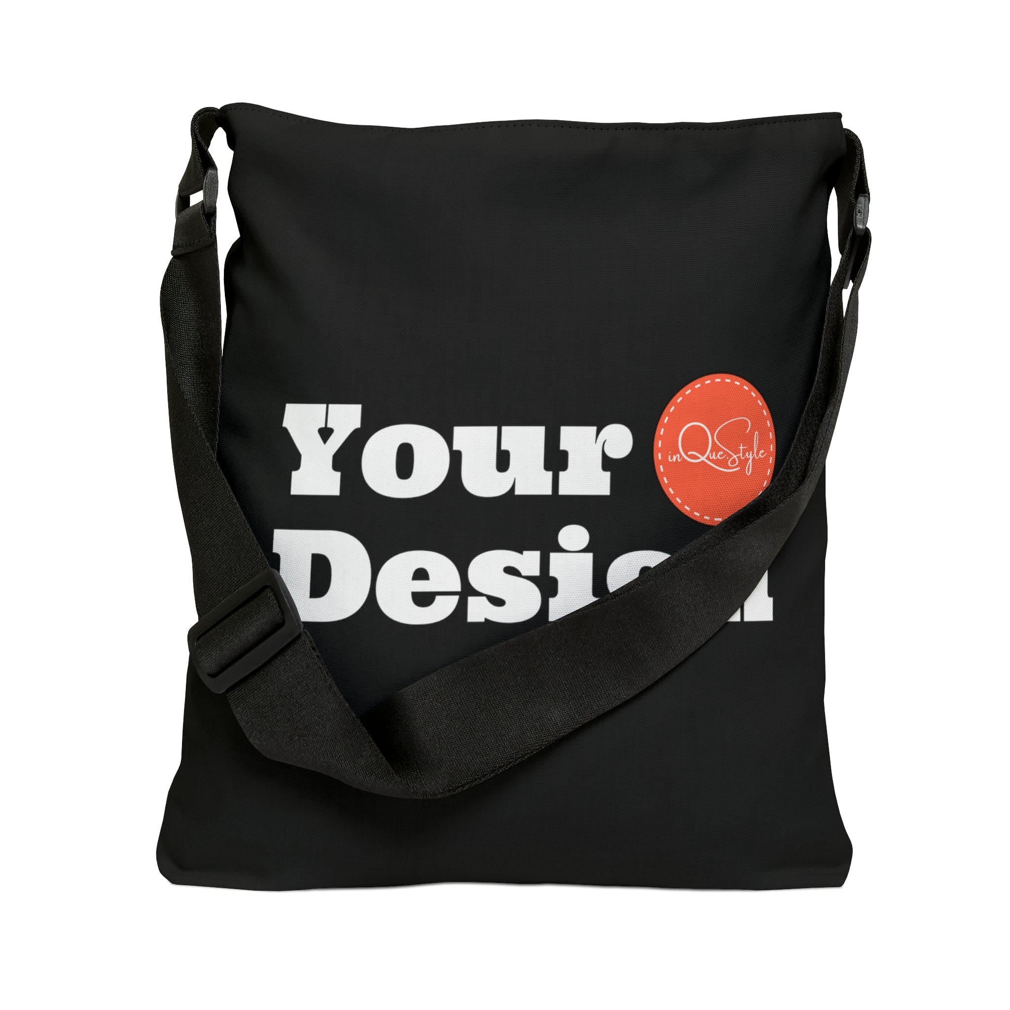 Adjustable Black Tote Bag made of spun polyester with adjustable straps and zippered pocket.