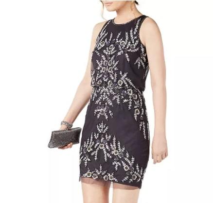 Adrianna Papell Embellished Cocktail Dress featuring a beaded sheath design, sleeveless round neck, and a fitted silhouette.