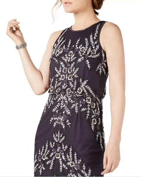 Adrianna Papell Embellished Cocktail Dress featuring a beaded sheath design, sleeveless round neck, and a fitted silhouette.