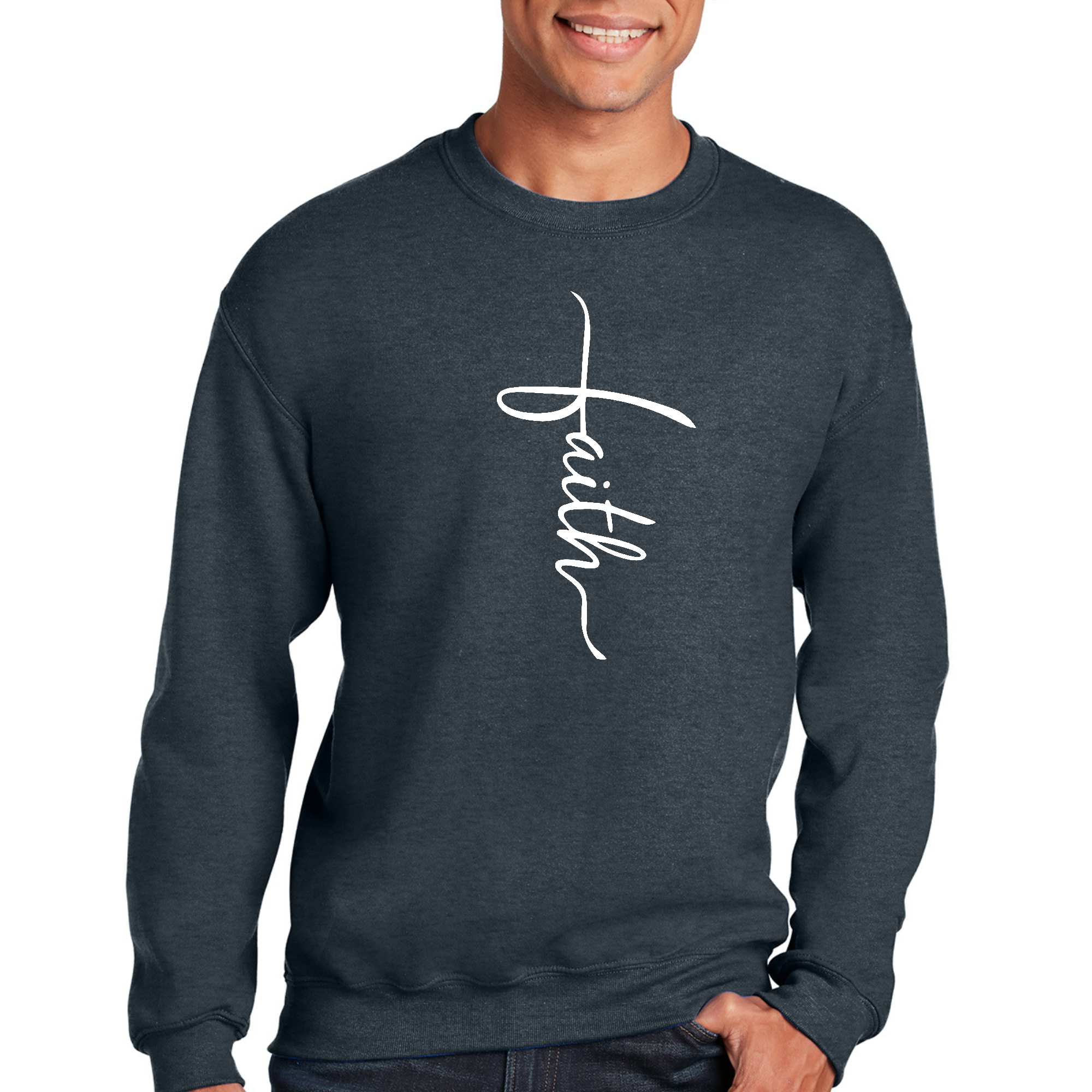 Adult unisex long sleeve sweatshirt featuring a faith-inspired graphic design, made from soft and durable fabric.