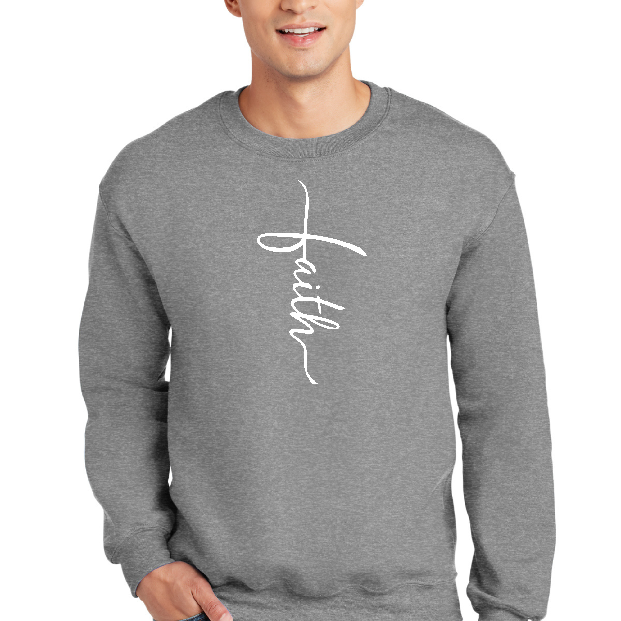 Adult unisex long sleeve sweatshirt featuring a faith-inspired graphic design, made from soft and durable fabric.