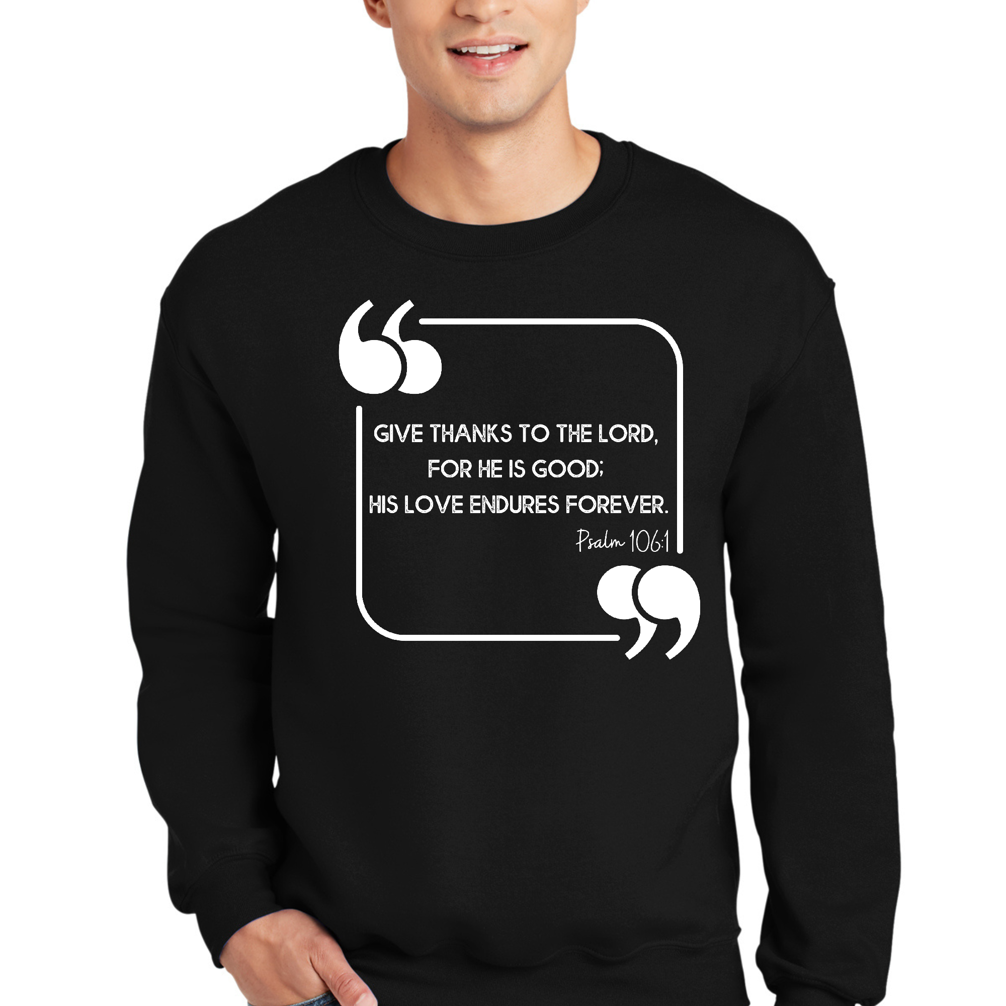 Adult unisex long sleeve sweatshirt featuring 'Give Thanks To The Lord' graphic design, made from soft and durable fabric.