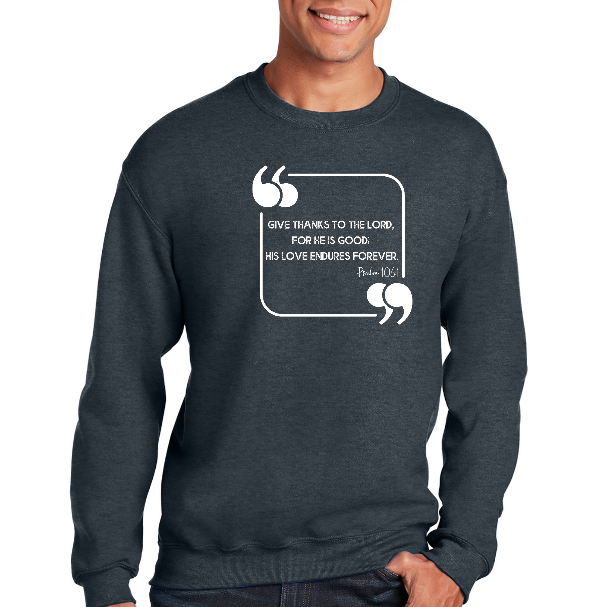 Adult unisex long sleeve sweatshirt featuring 'Give Thanks To The Lord' graphic design, made from soft and durable fabric.