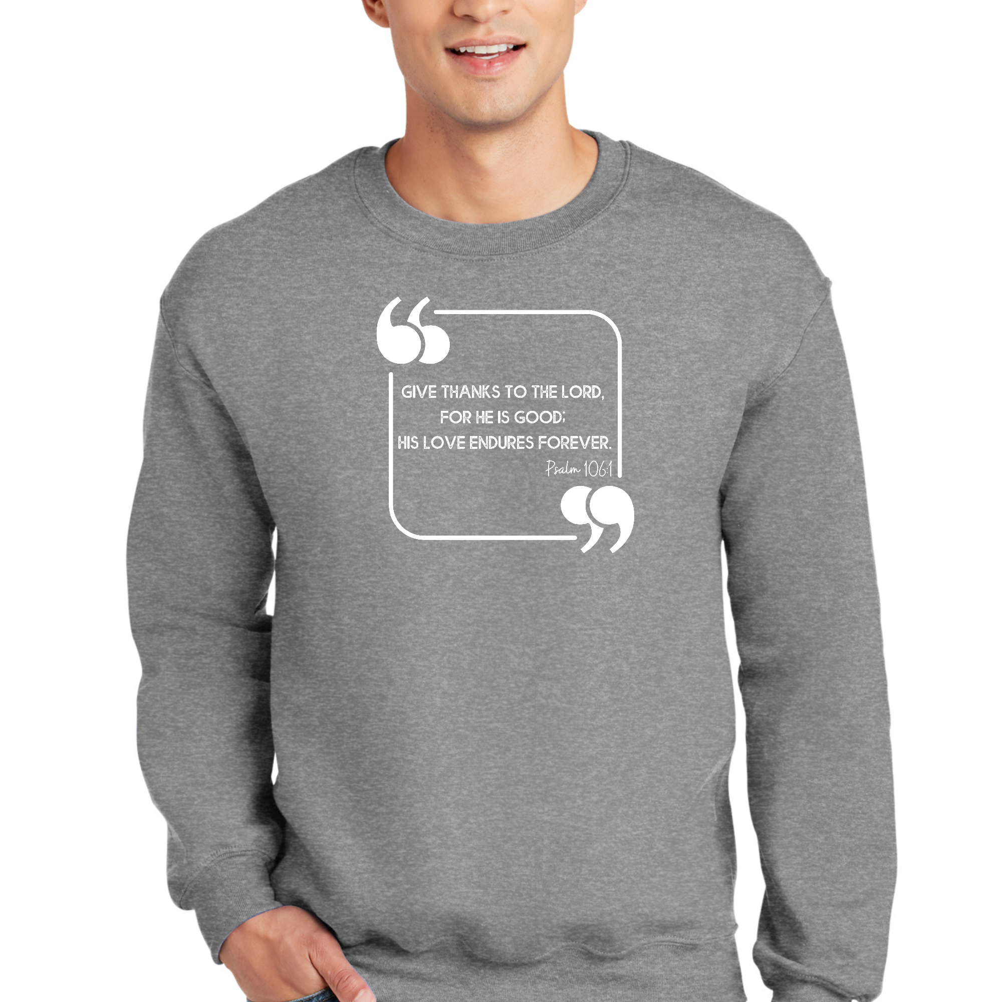 Adult unisex long sleeve sweatshirt featuring 'Give Thanks To The Lord' graphic design, made from soft and durable fabric.