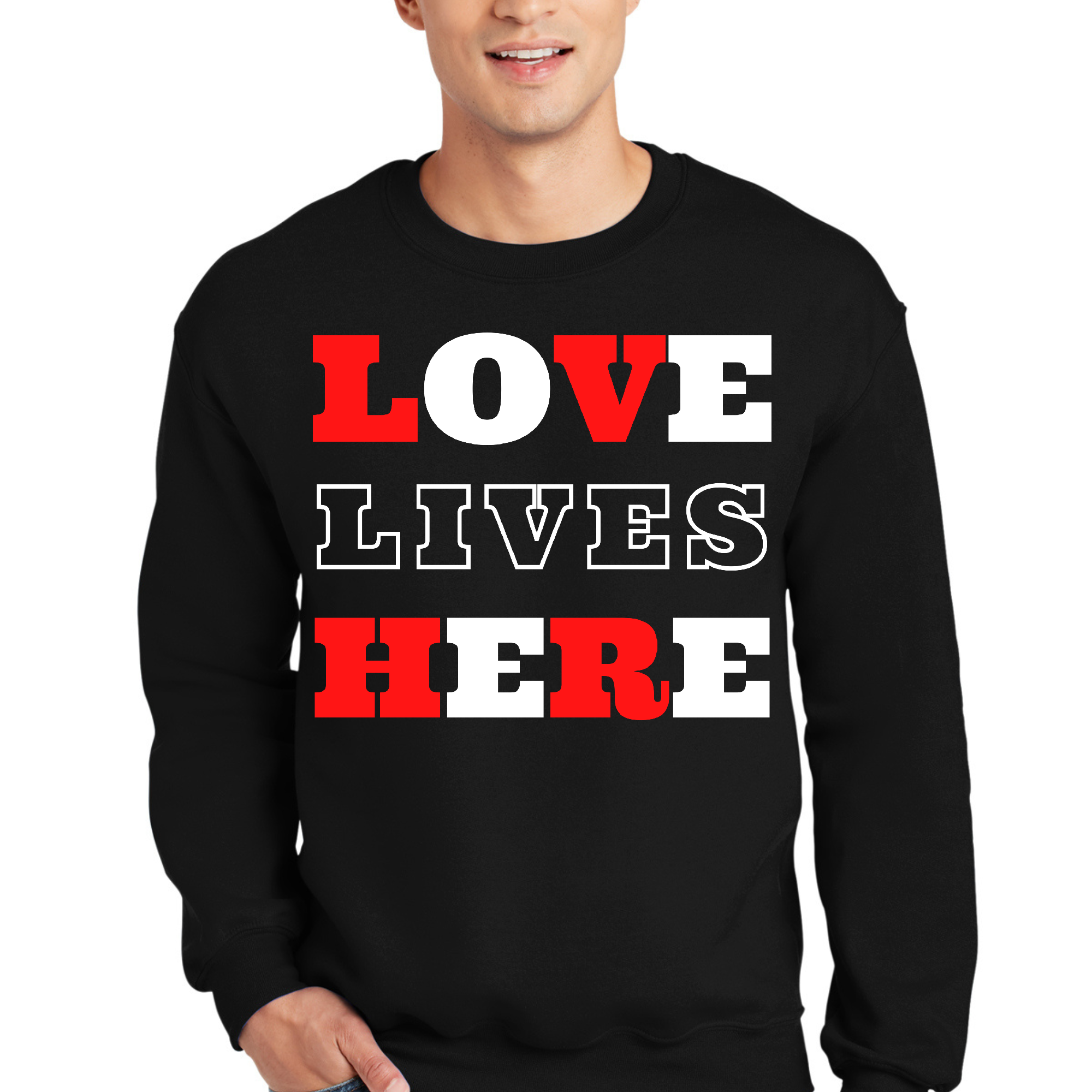 Adult unisex long sleeve sweatshirt featuring 'Love Lives Here' Christian graphic design, showcasing a soft and durable fabric.