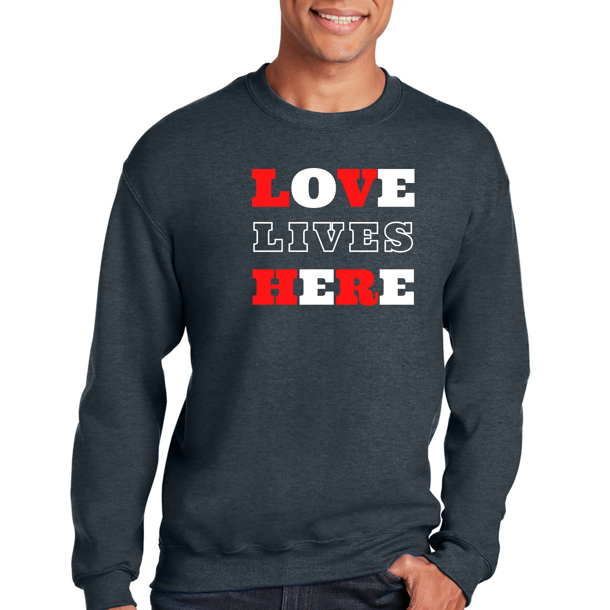 Adult unisex long sleeve sweatshirt featuring 'Love Lives Here' Christian graphic design, showcasing a soft and durable fabric.