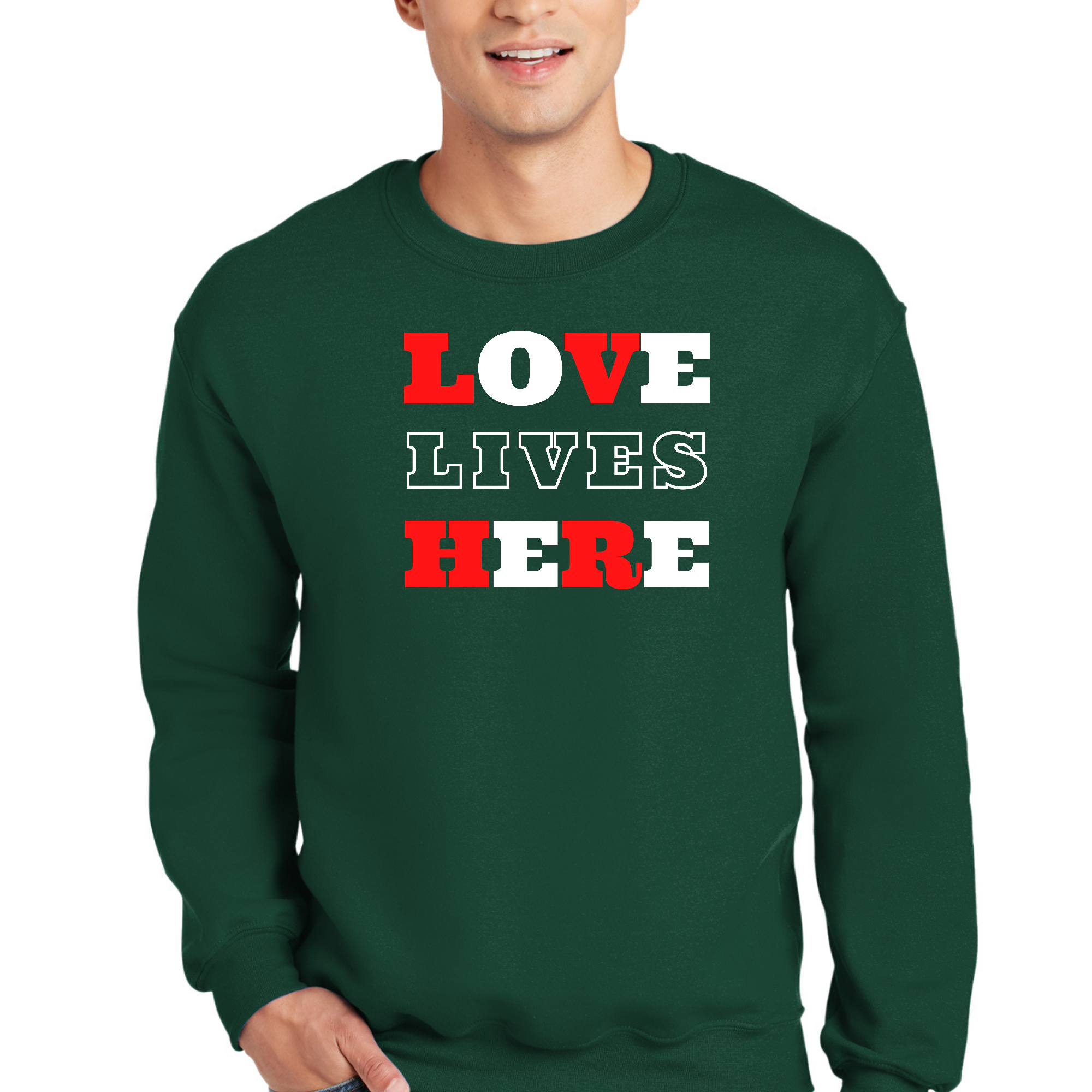 Adult unisex long sleeve sweatshirt featuring 'Love Lives Here' Christian graphic design, showcasing a soft and durable fabric.