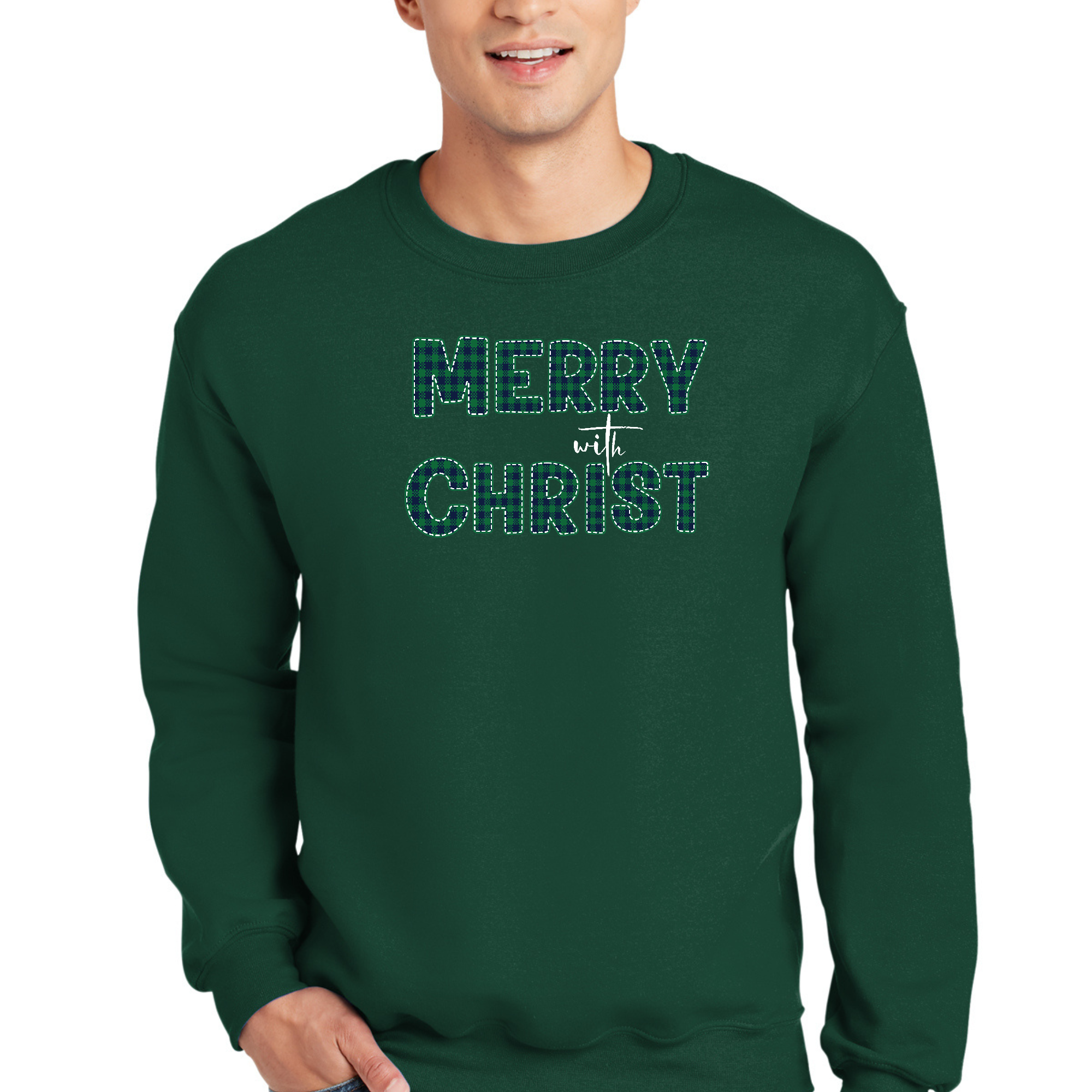 Adult unisex long sleeve sweatshirt in green plaid with Merry With Christ graphic design, showcasing its soft fabric and comfortable fit.