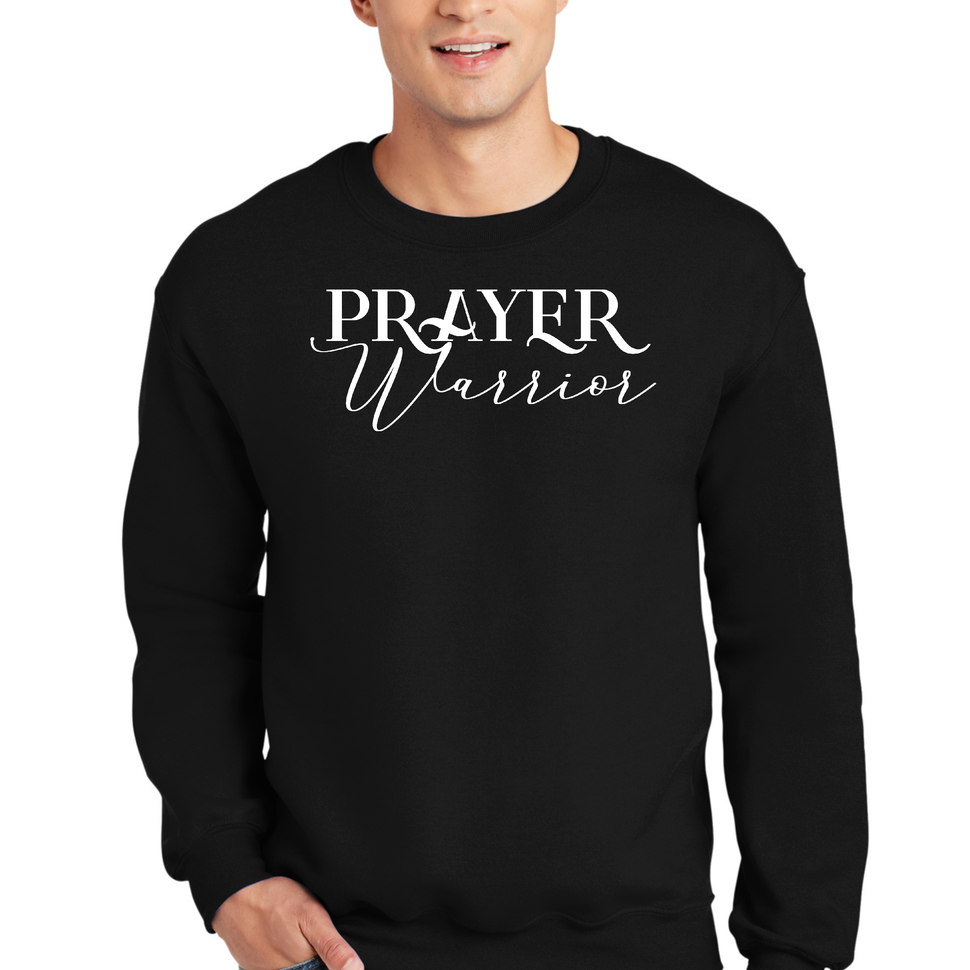 Adult Unisex Long Sleeve Sweatshirt featuring a Prayer Warrior graphic design, showcasing its soft fabric and comfortable fit.