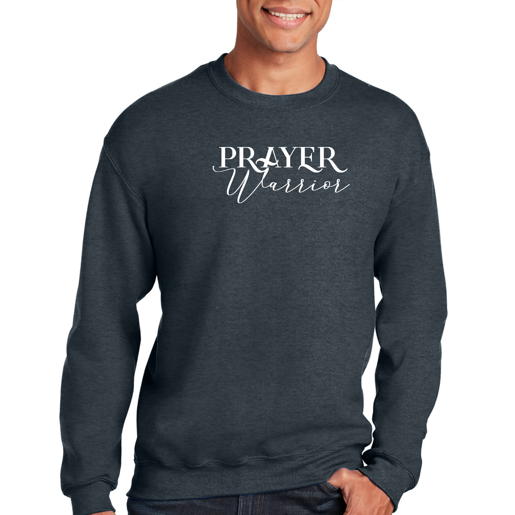 Adult Unisex Long Sleeve Sweatshirt featuring a Prayer Warrior graphic design, showcasing its soft fabric and comfortable fit.