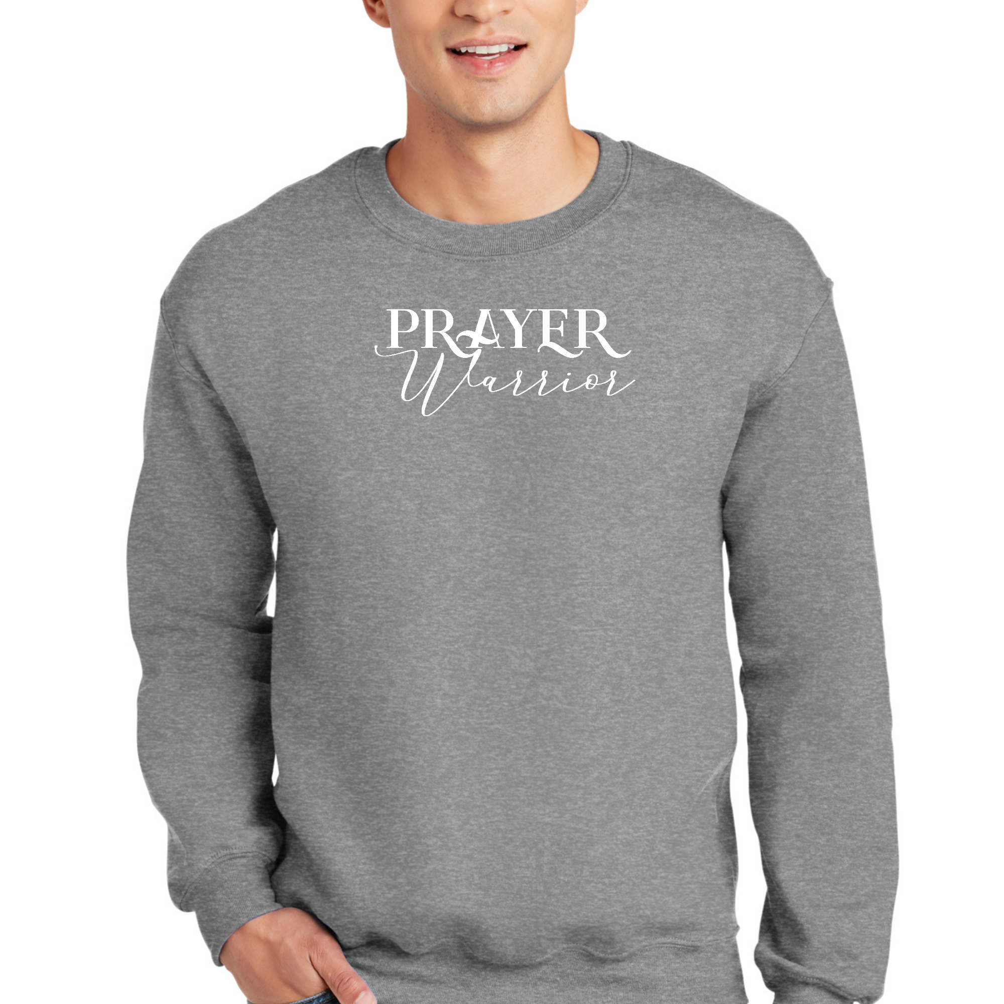 Adult Unisex Long Sleeve Sweatshirt featuring a Prayer Warrior graphic design, showcasing its soft fabric and comfortable fit.