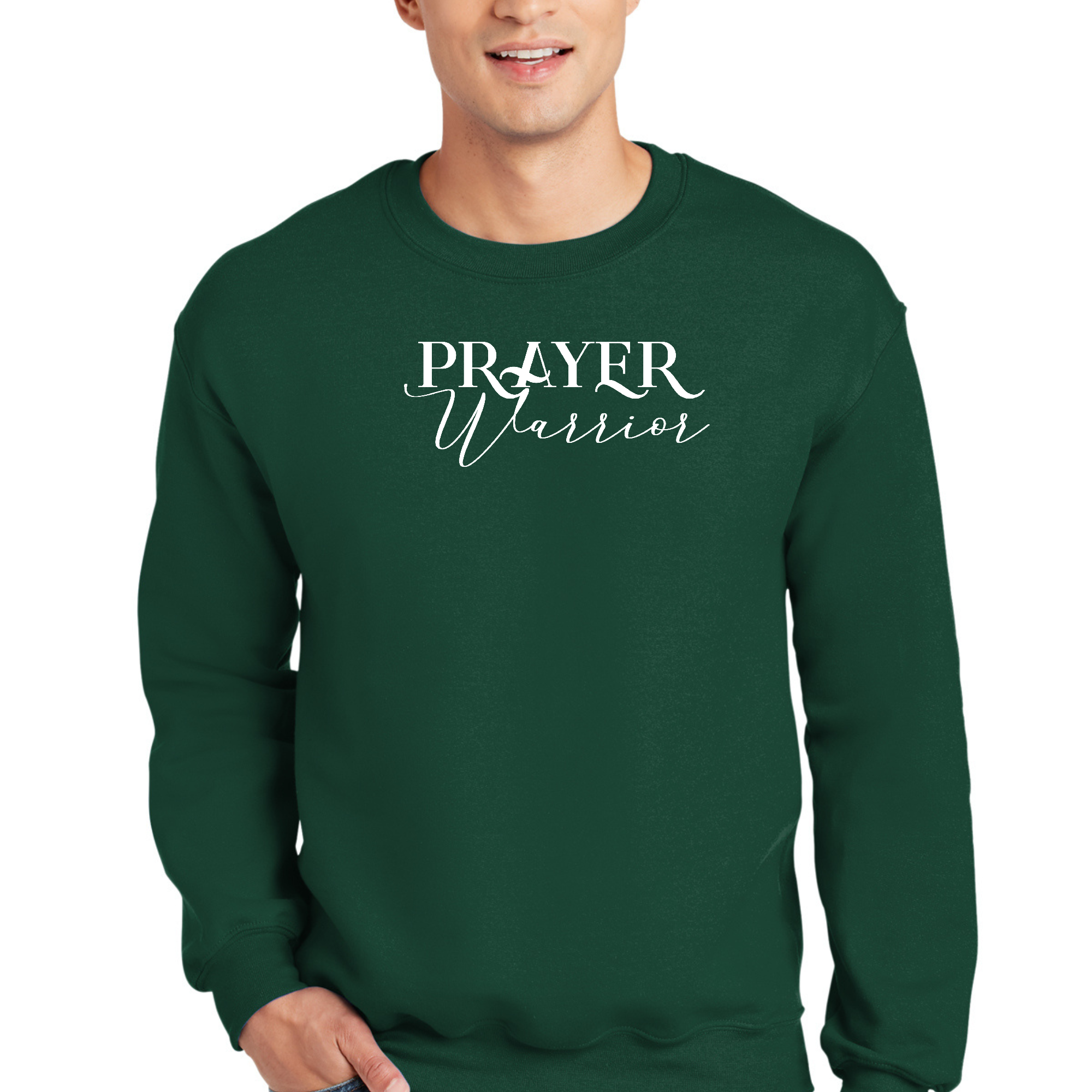 Adult Unisex Long Sleeve Sweatshirt featuring a Prayer Warrior graphic design, showcasing its soft fabric and comfortable fit.