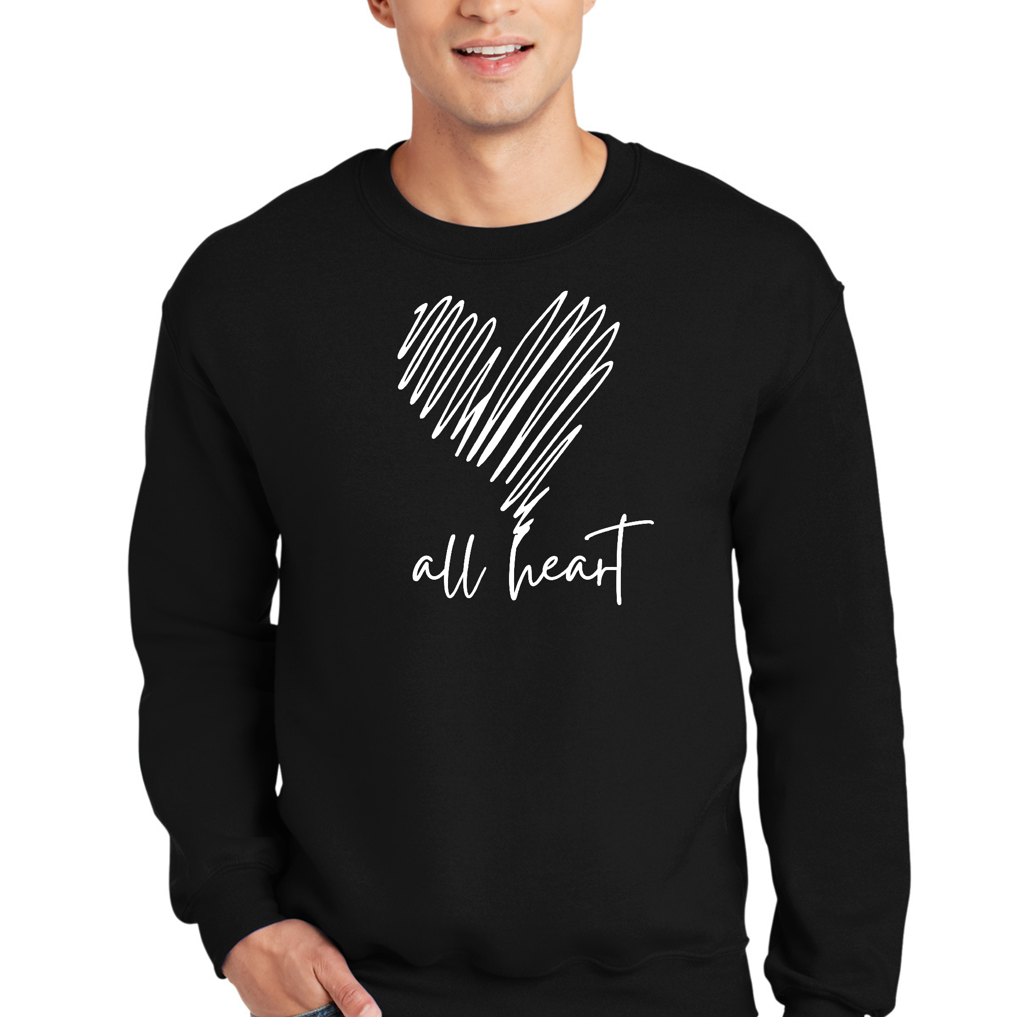 Adult unisex long sleeve sweatshirt in white with 'Say It Soul, All Heart' graphic, showcasing a comfortable and stylish design.