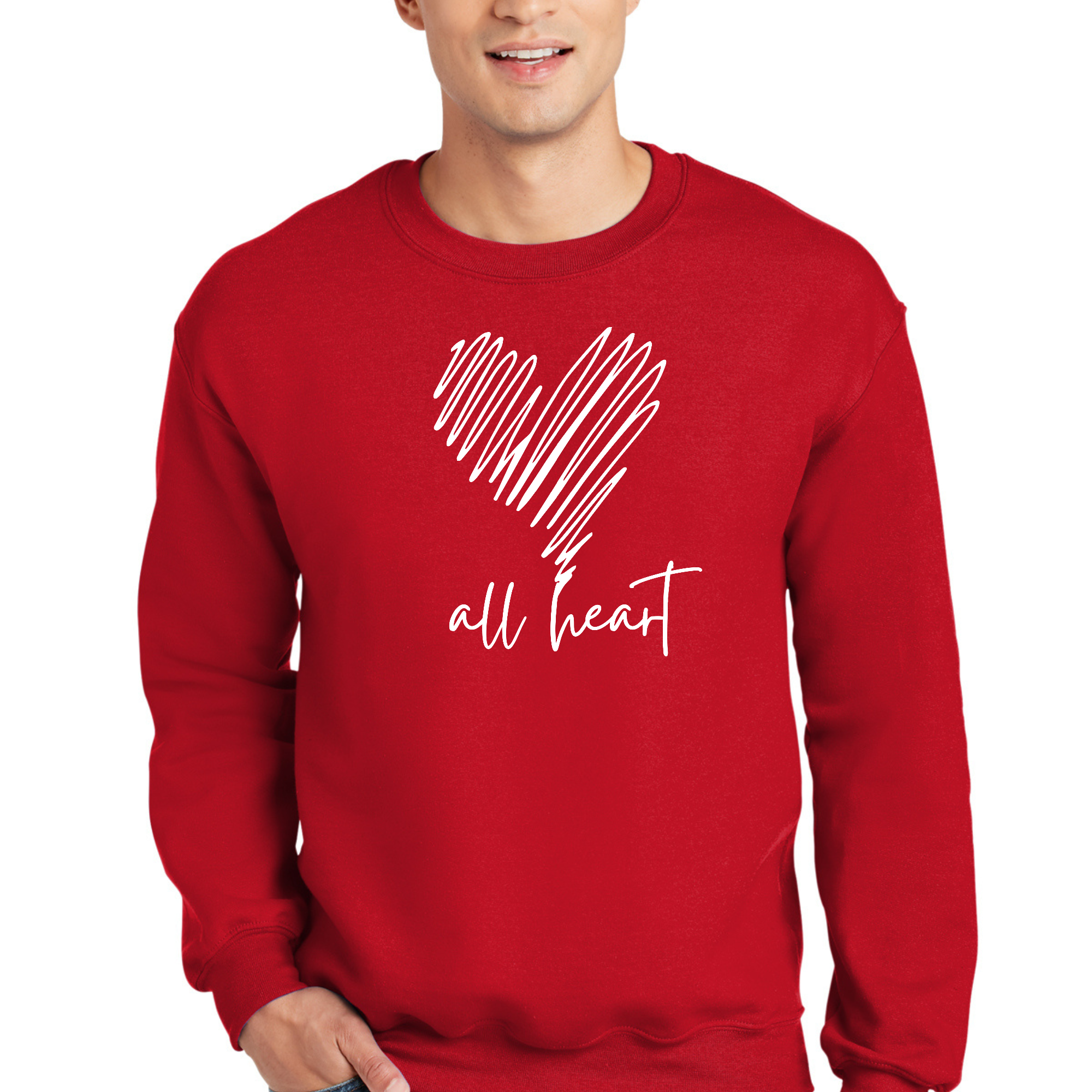 Adult unisex long sleeve sweatshirt in white with 'Say It Soul, All Heart' graphic, showcasing a comfortable and stylish design.