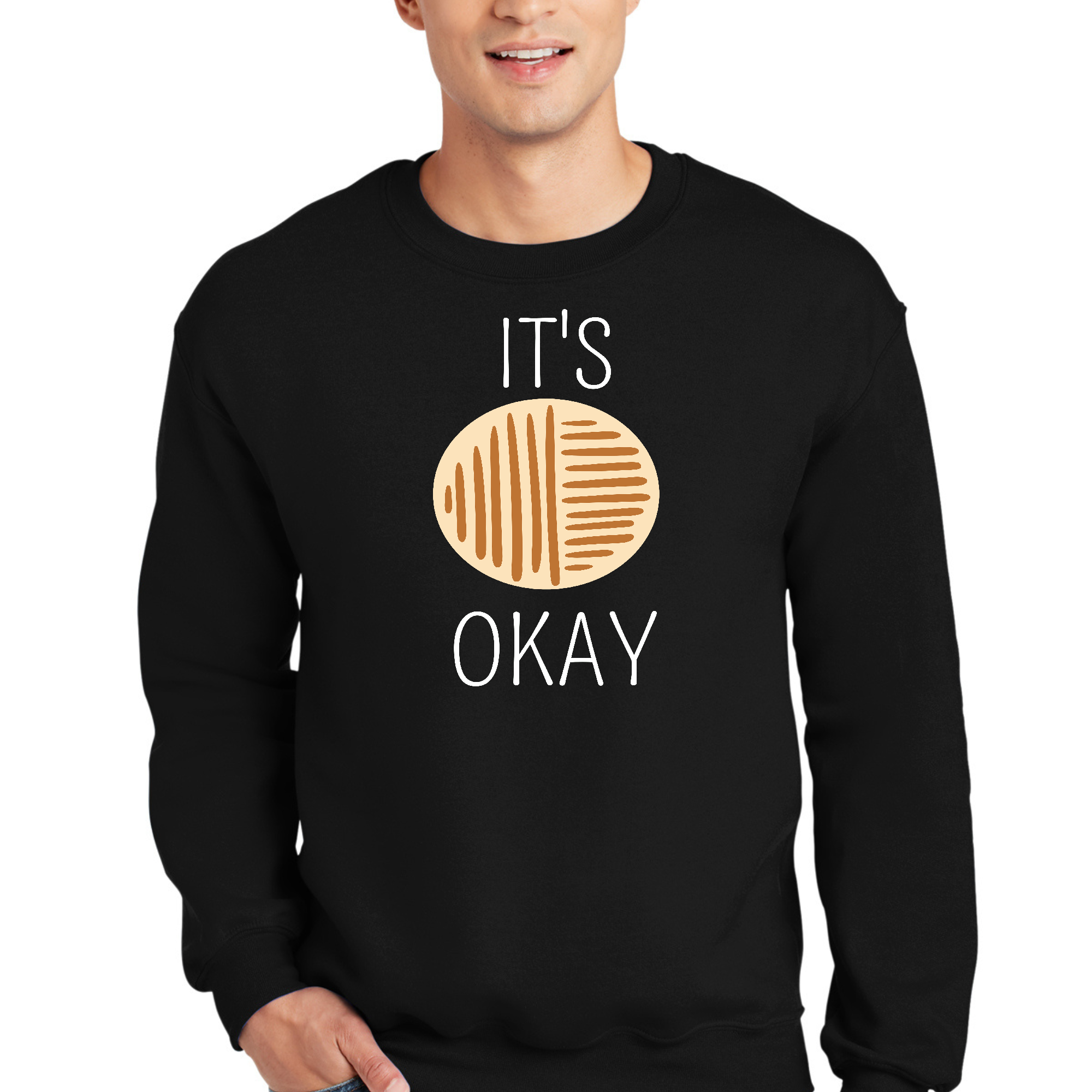 Adult unisex long sleeve sweatshirt in white featuring the graphic 'It's Okay' for a stylish and comfortable look.