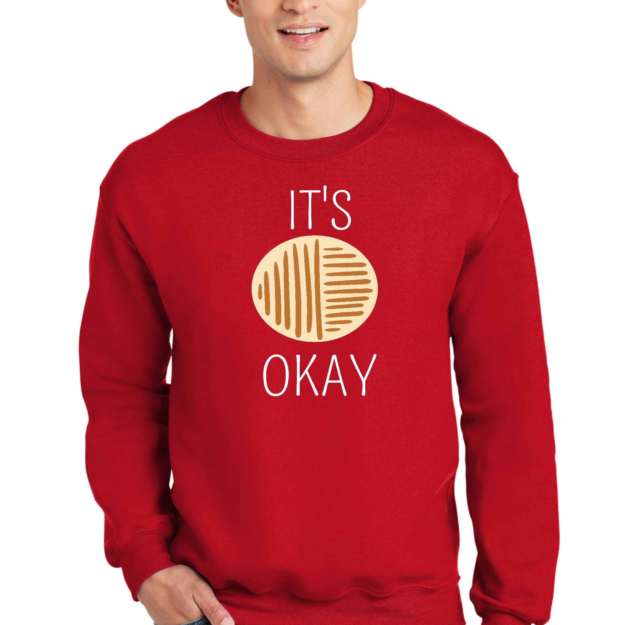 Adult unisex long sleeve sweatshirt in white featuring the graphic 'It's Okay' for a stylish and comfortable look.