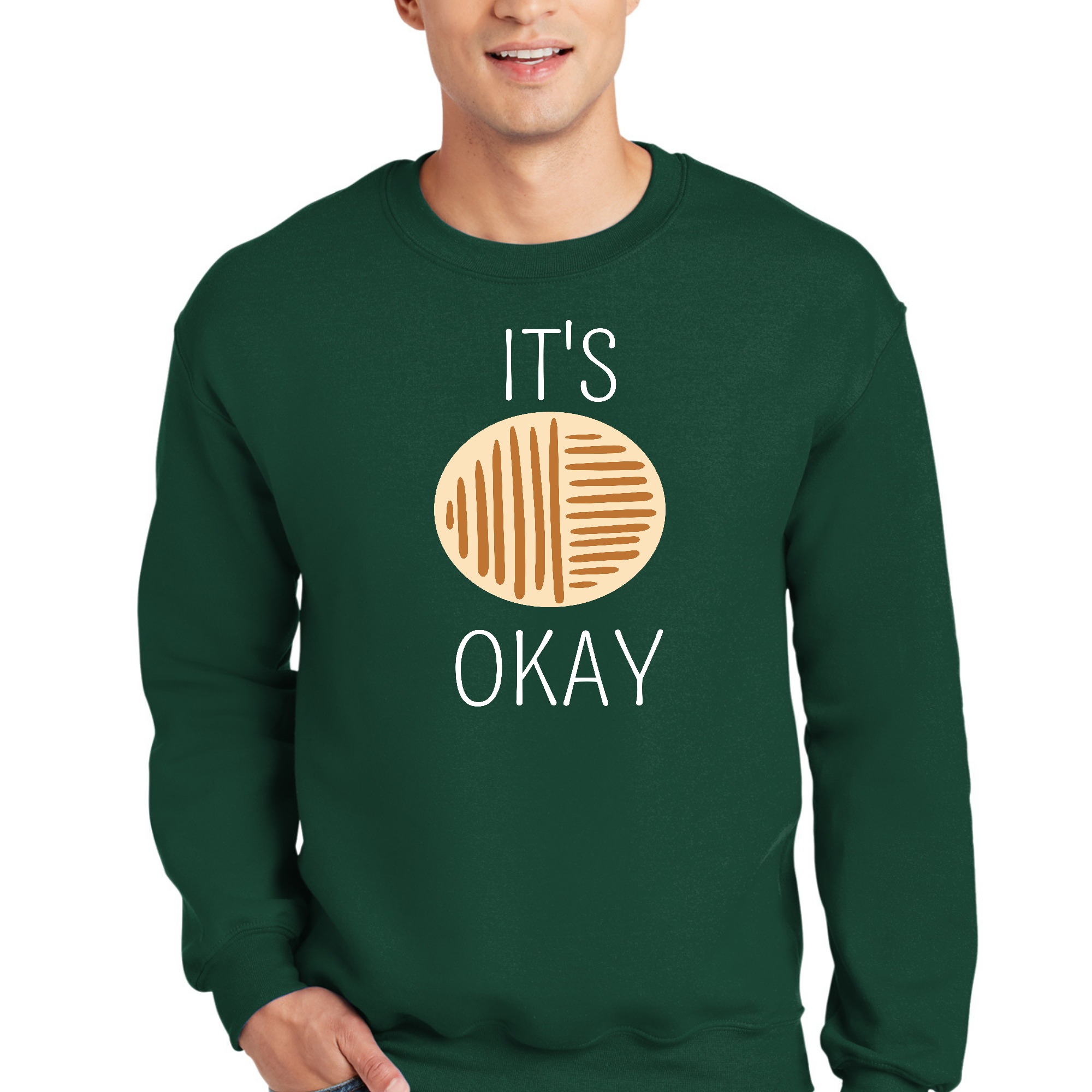 Adult unisex long sleeve sweatshirt in white featuring the graphic 'It's Okay' for a stylish and comfortable look.