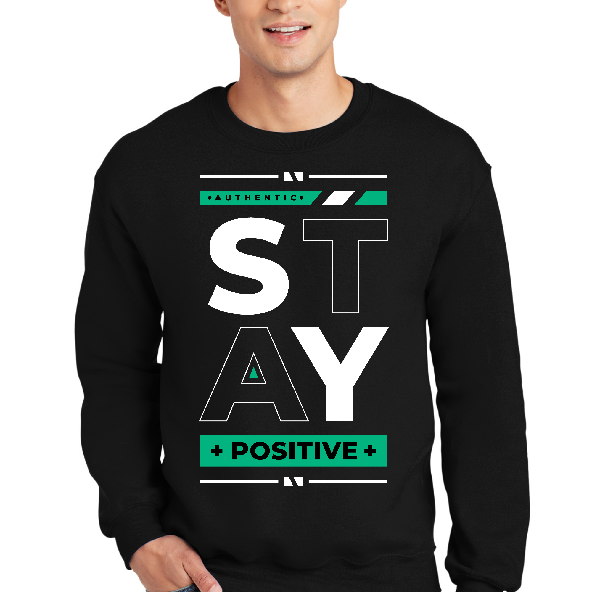 Adult unisex long sleeve sweatshirt featuring a stylish 'Stay Positive' graphic design, made from soft and durable fabric.