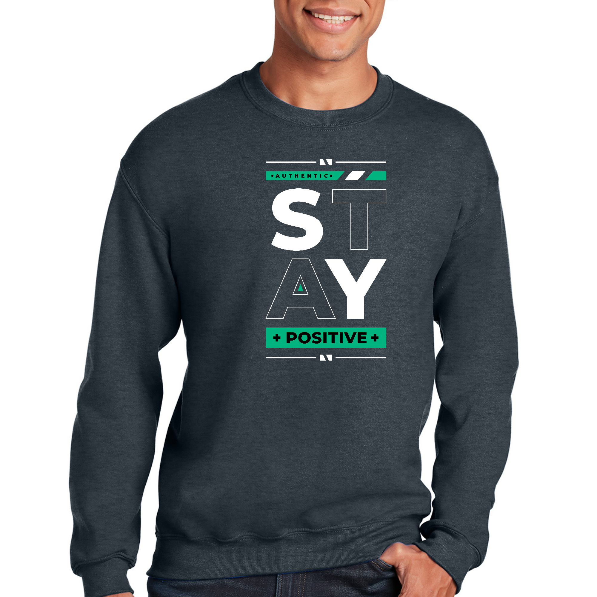 Adult unisex long sleeve sweatshirt featuring a stylish 'Stay Positive' graphic design, made from soft and durable fabric.