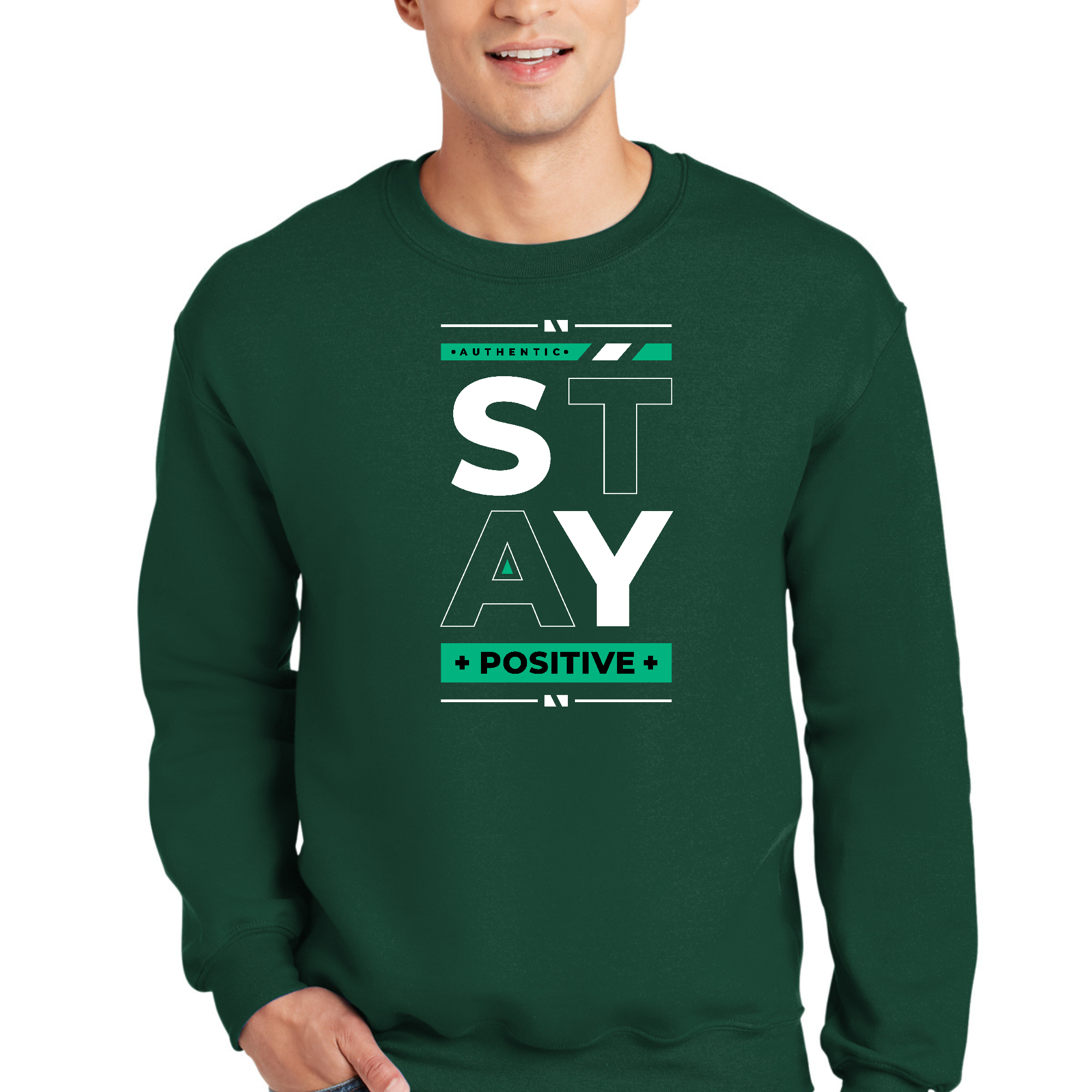 Adult unisex long sleeve sweatshirt featuring a stylish 'Stay Positive' graphic design, made from soft and durable fabric.