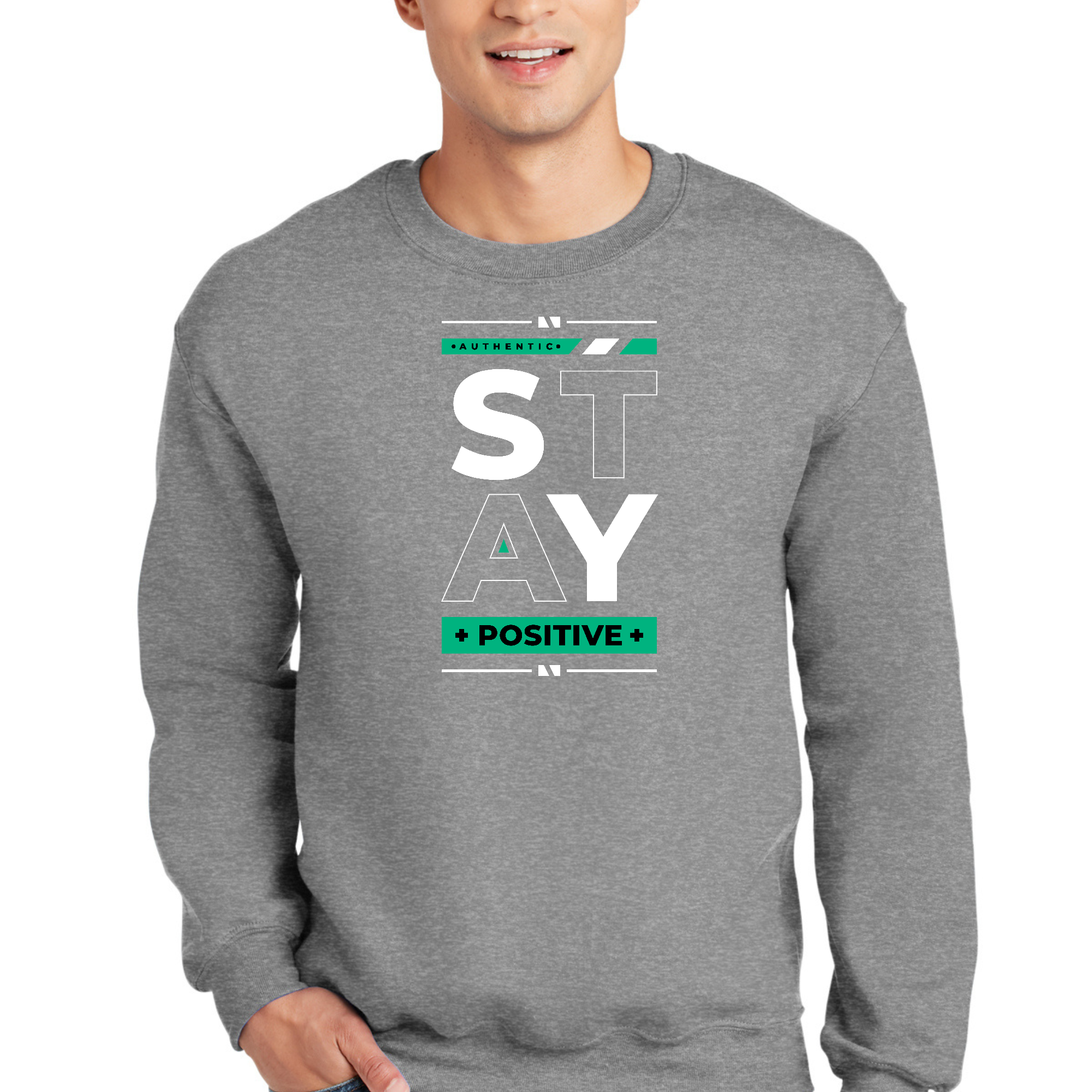 Adult unisex long sleeve sweatshirt featuring a stylish 'Stay Positive' graphic design, made from soft and durable fabric.