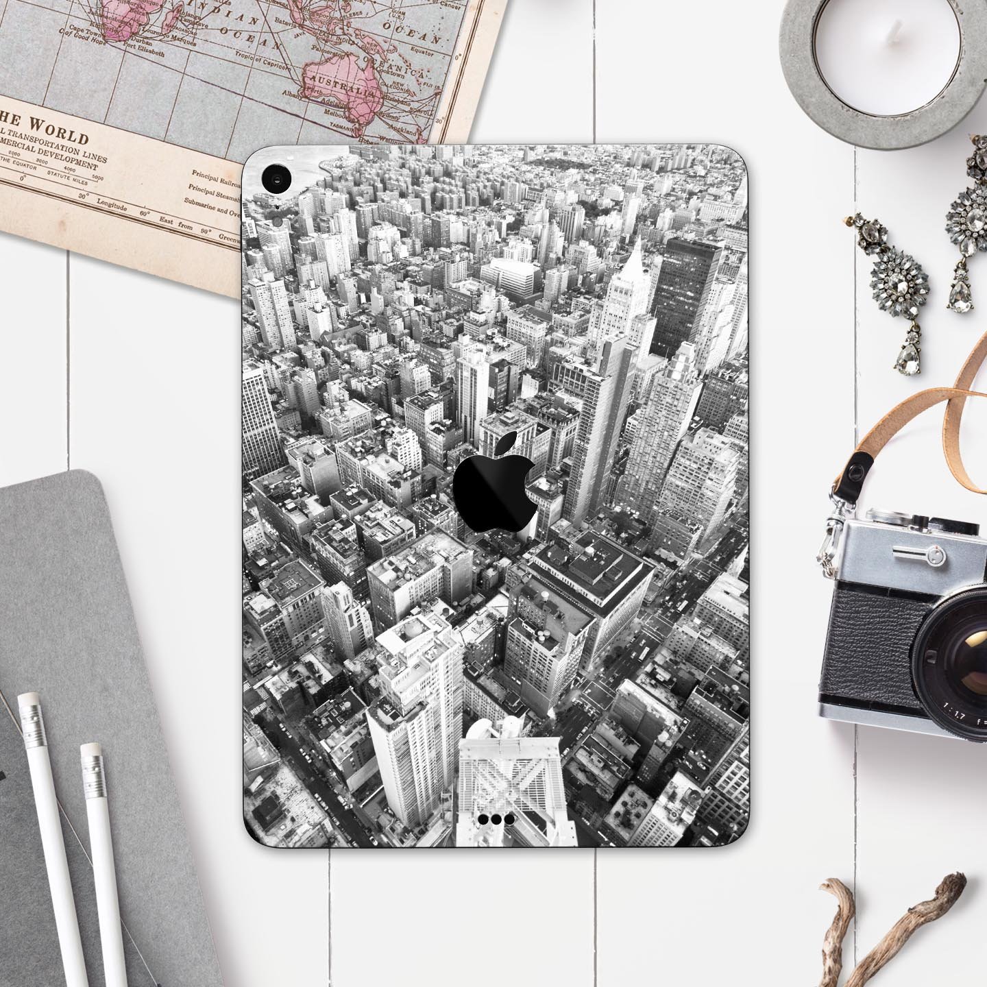 Aerial CityScape Black and White skin decal for Apple devices, showcasing a sleek urban skyline design.