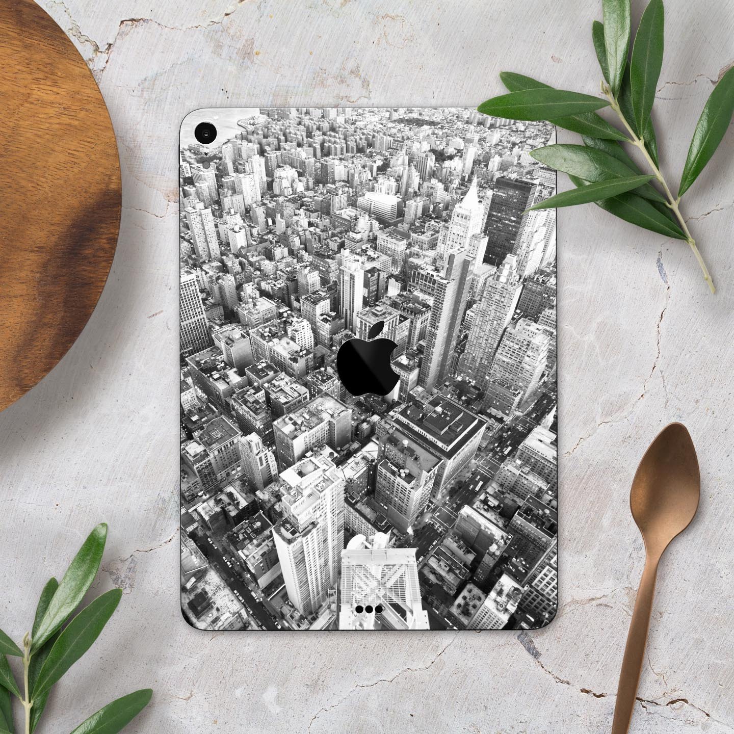 Aerial CityScape Black and White skin decal for Apple devices, showcasing a sleek urban skyline design.