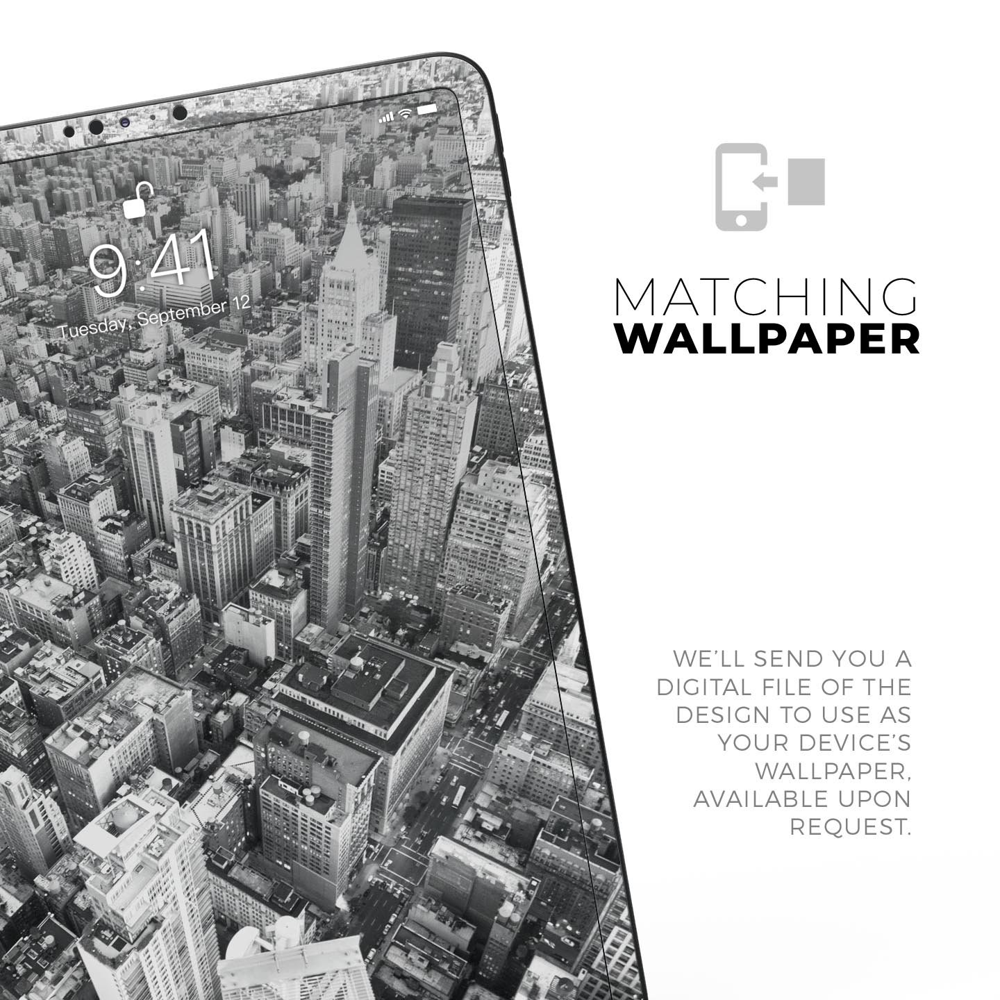 Aerial CityScape Black and White skin decal for Apple devices, showcasing a sleek urban skyline design.