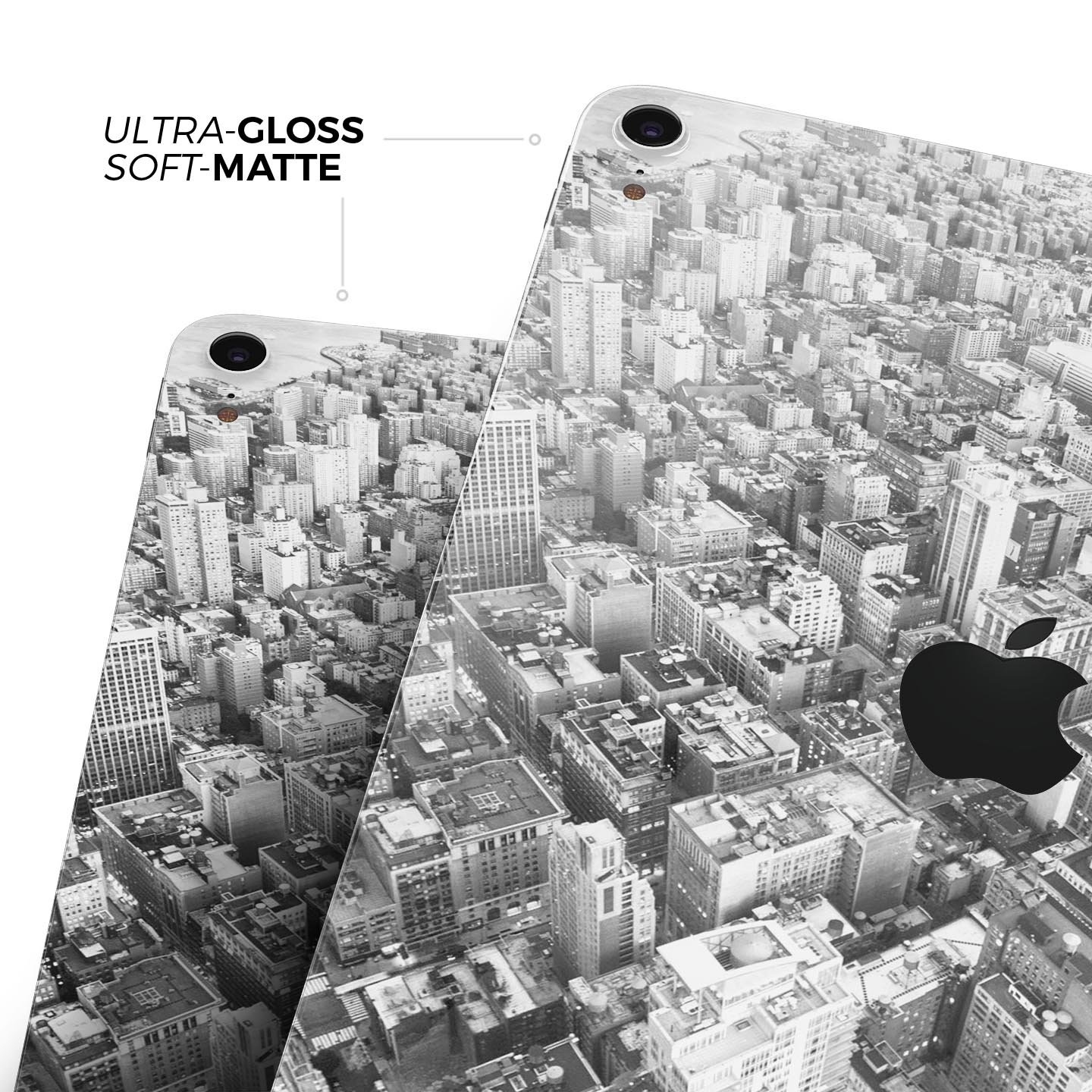 Aerial CityScape Black and White skin decal for Apple devices, showcasing a sleek urban skyline design.