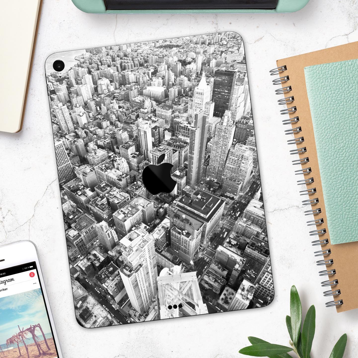 Aerial CityScape Black and White skin decal for Apple devices, showcasing a sleek urban skyline design.