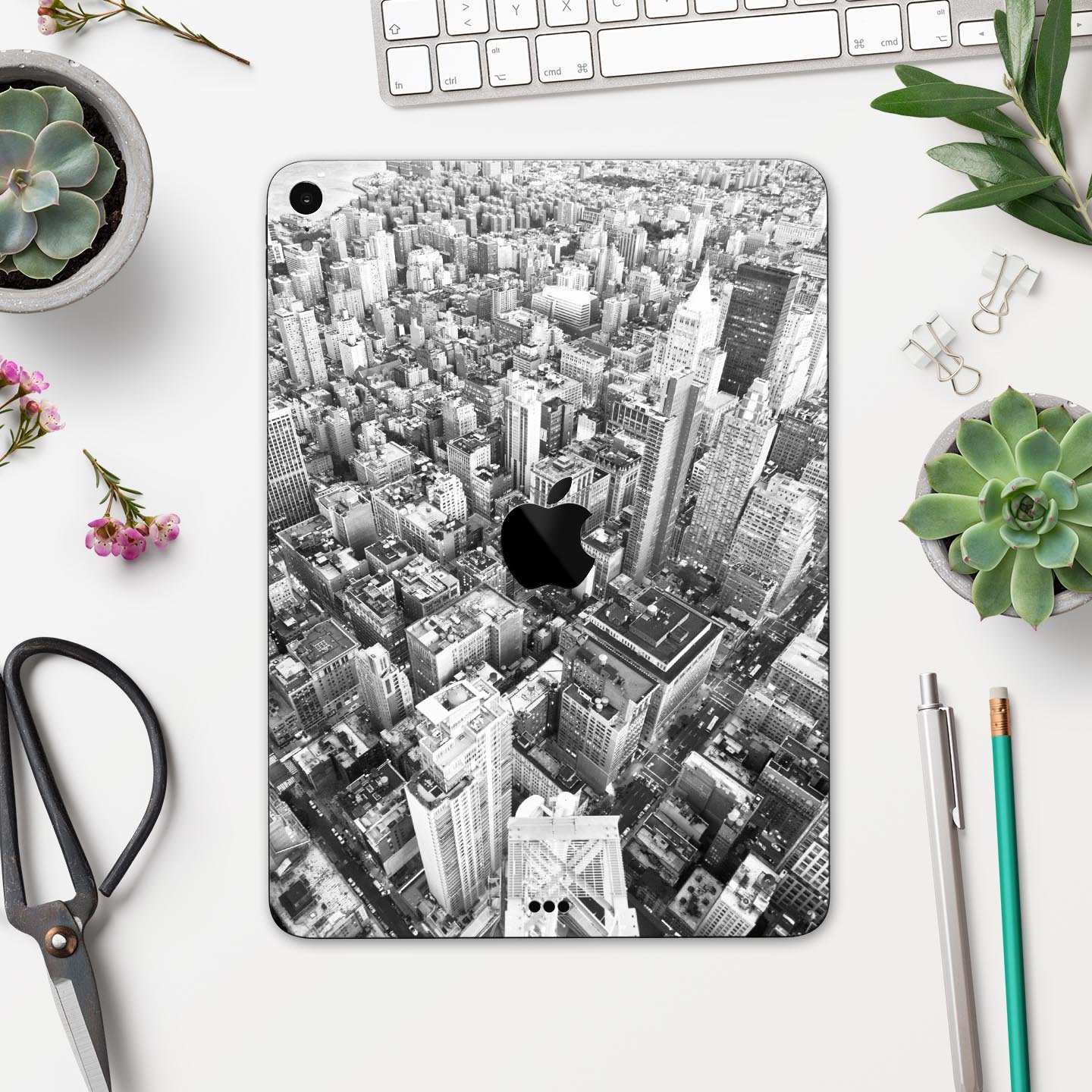 Aerial CityScape Black and White skin decal for Apple devices, showcasing a sleek urban skyline design.