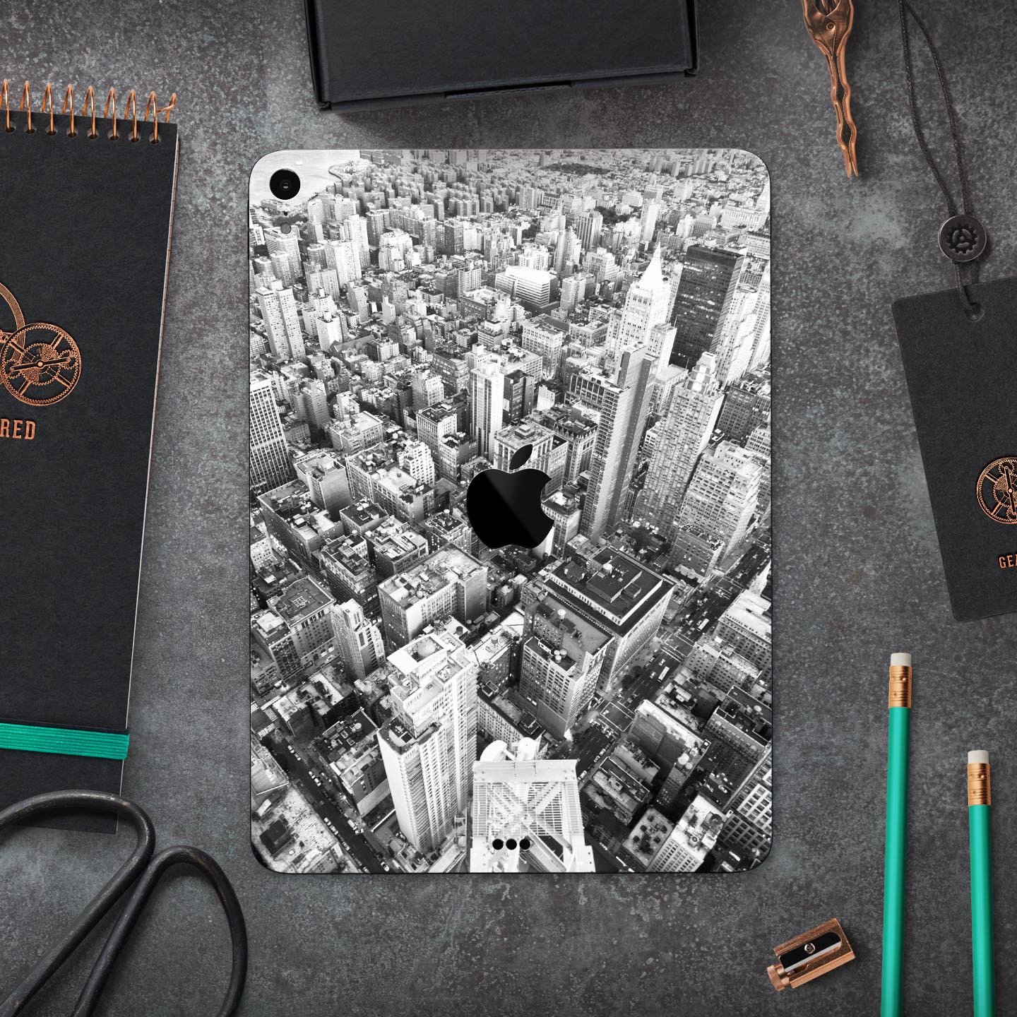 Aerial CityScape Black and White skin decal for Apple devices, showcasing a sleek urban skyline design.