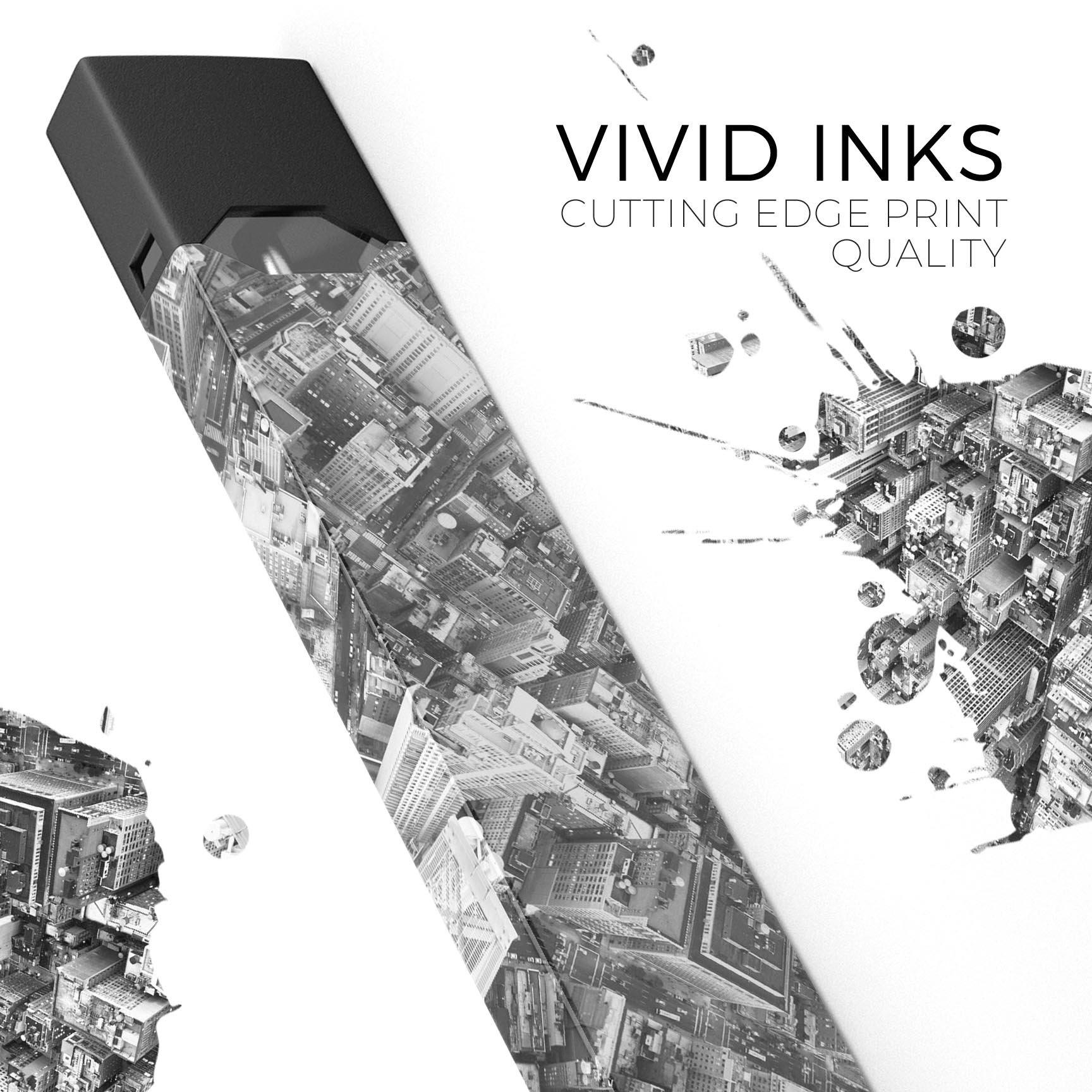 Aerial CityScape Black and White skin-wrap for JUUL device, showcasing a stylish urban design.