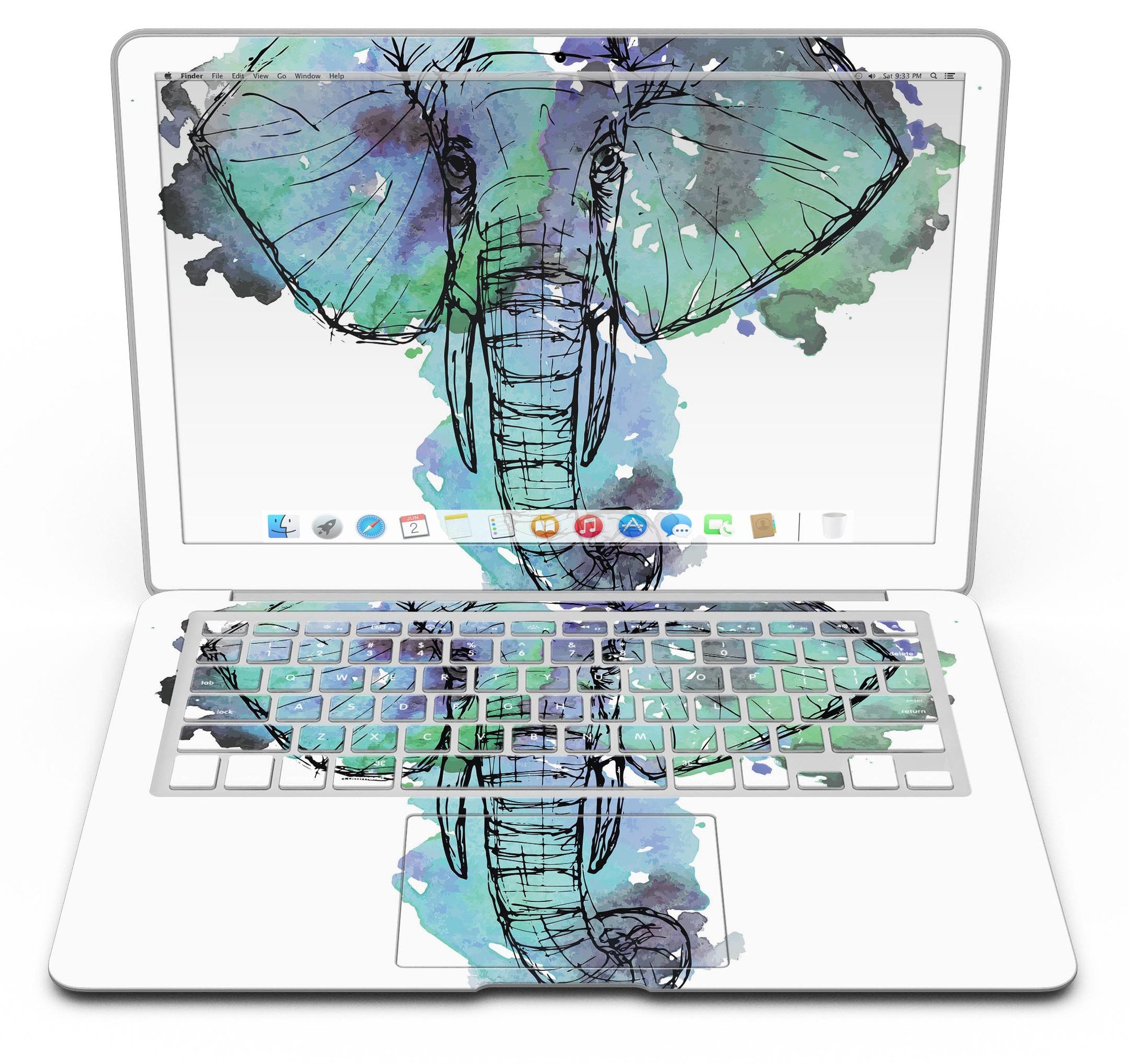 African Sketch Elephant MacBook Air skin kit showcasing vibrant design and premium vinyl material.