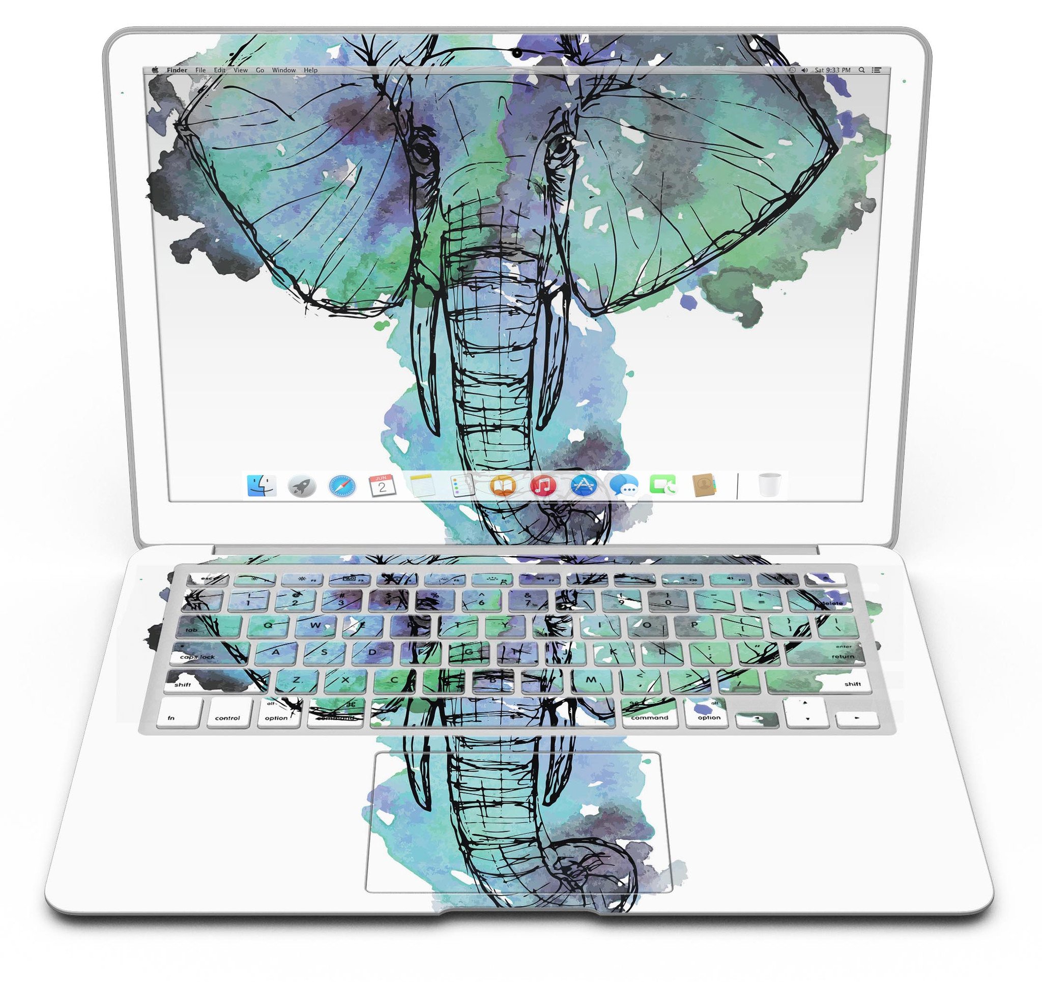 African Sketch Elephant MacBook Air skin kit showcasing vibrant design and premium vinyl material.