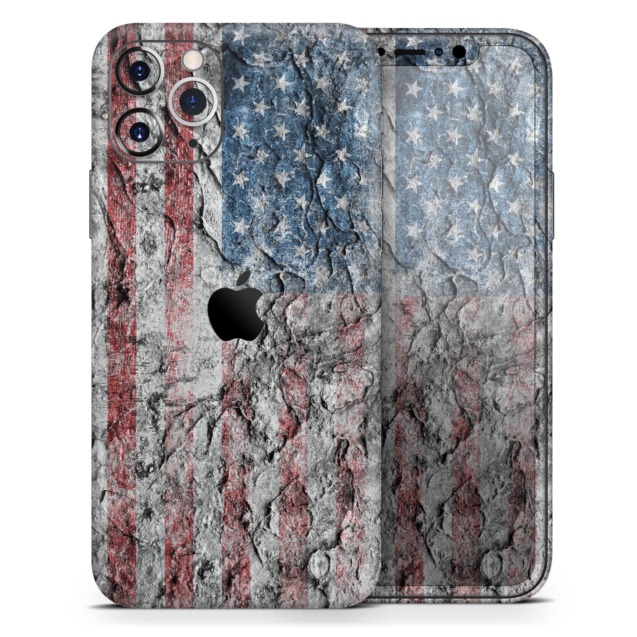 Aged and Wrinkled American Flag Skin-Kit for Apple iPhone, showcasing a stylish design with a textured finish.