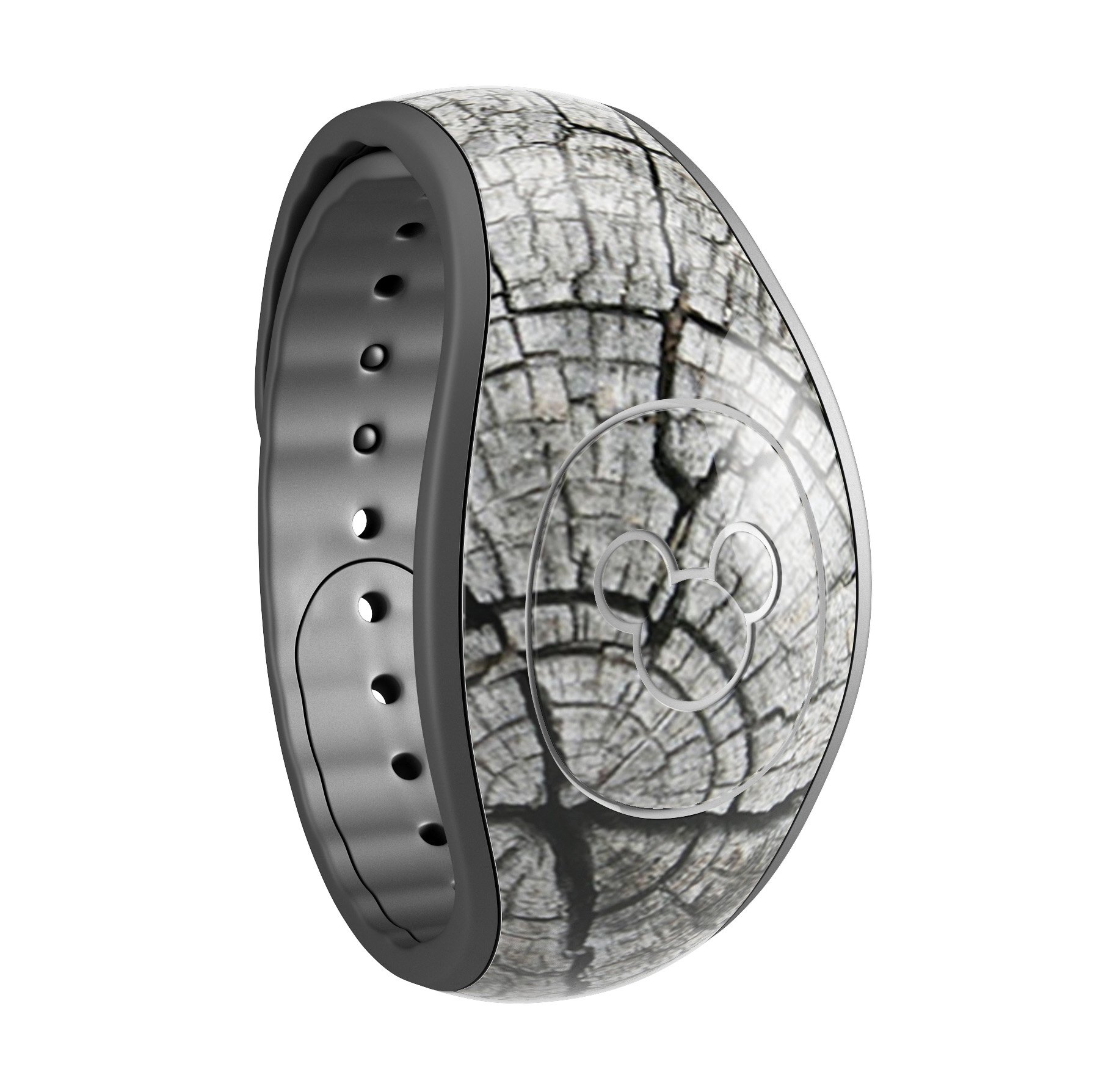 Aged Cracked Tree Stump Core decal skin wrap kit for Disney Magic Band, showcasing a rustic design with a textured appearance.