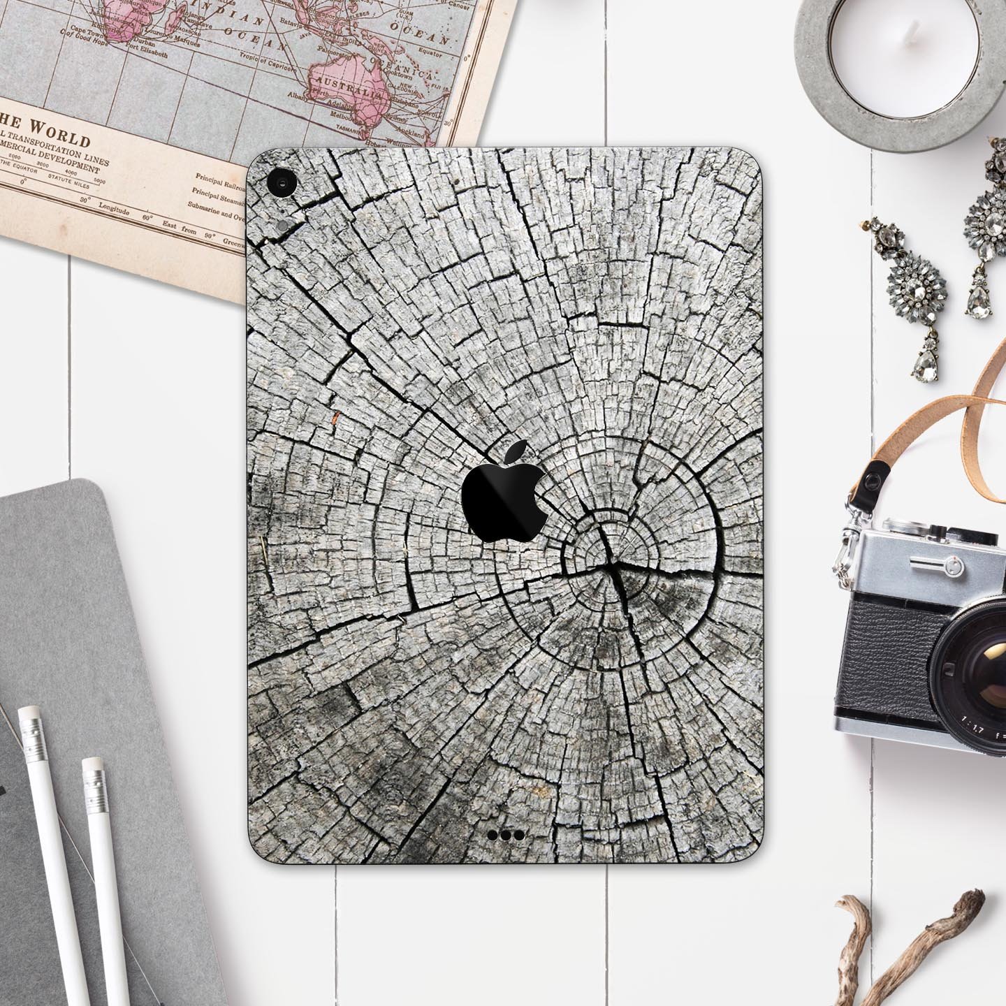 Aged Cracked Tree Stump Core skin decal for Apple iPad, showcasing a rustic design with premium 3M material for protection.