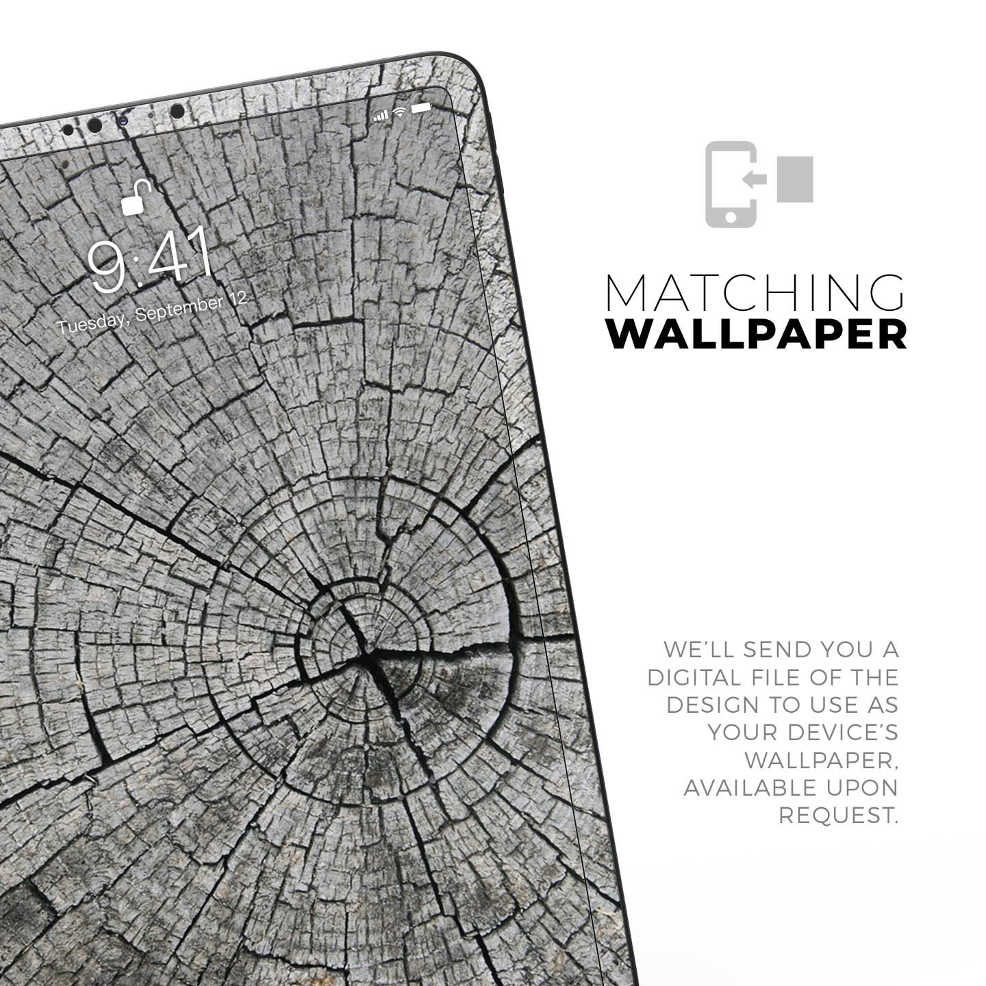 Aged Cracked Tree Stump Core skin decal for Apple iPad, showcasing a rustic design with premium 3M material for protection.