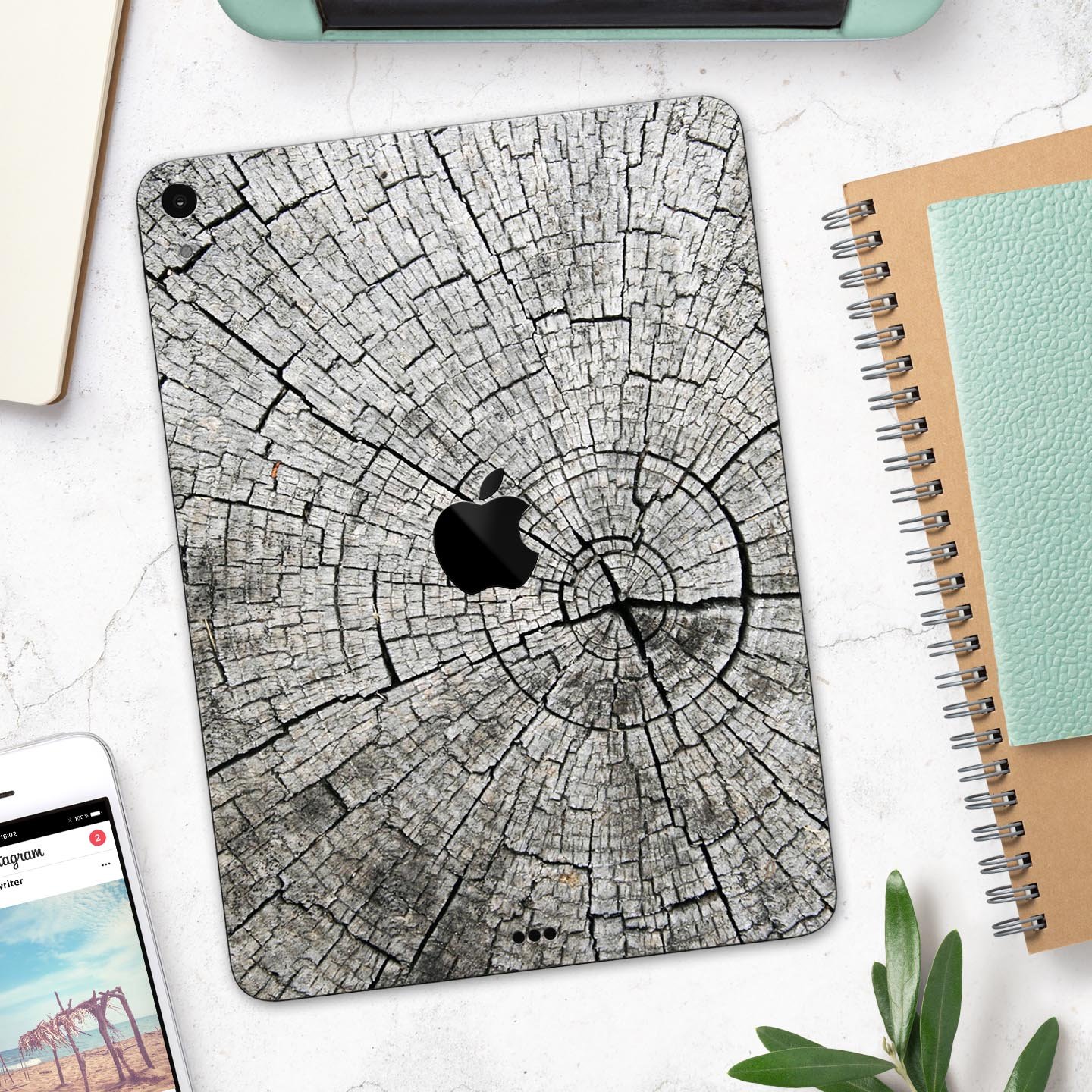 Aged Cracked Tree Stump Core skin decal for Apple iPad, showcasing a rustic design with premium 3M material for protection.